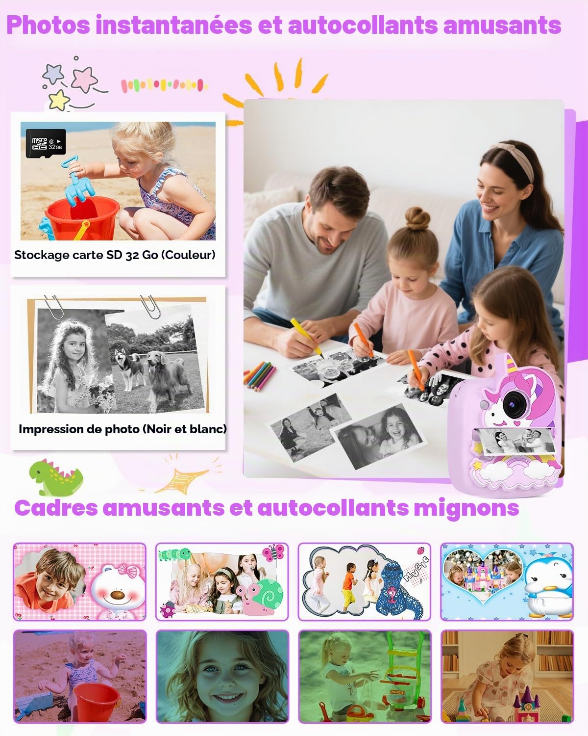 CHRERNA Appareil Photo Instantané Enfants, HD 48MP Appareil Photo Enfants avec Papier d'impression et Carte 32GB, Jouet Cadeau pour Garçons Filles de 3 à 12 Ans (Violet)