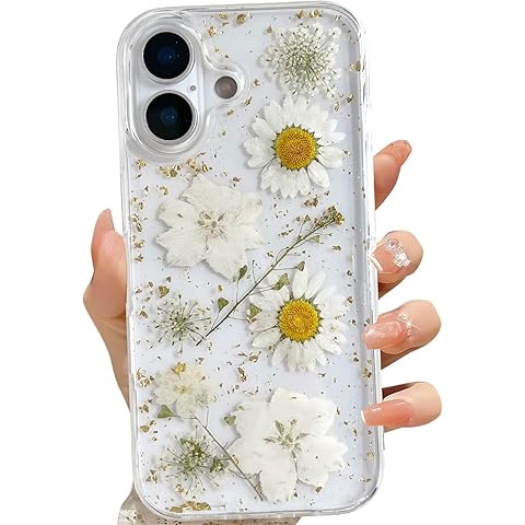 For iPhone 17 Clear Case with Pressed Real Flowers Design,Glitter Cute White Floral...