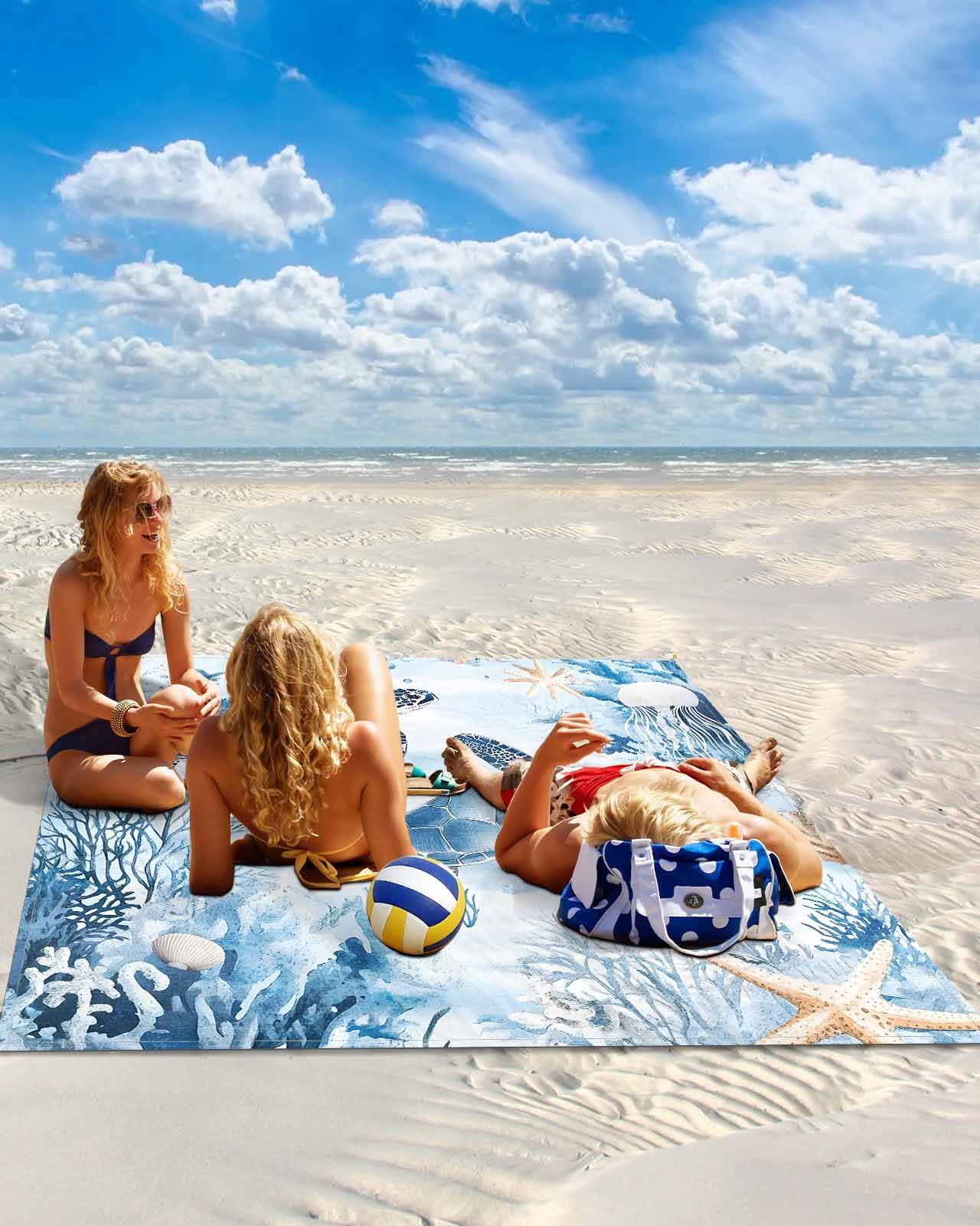 Beach Blanket Sandproof Waterproof Picnic Blankets Summer Sea Turtle Blue Ocean Extra Large Lightweight Outdoor Beach Mat with Corner Pockets for Travel/Camping/Hiking Coral Starfish Shell Jellyfish