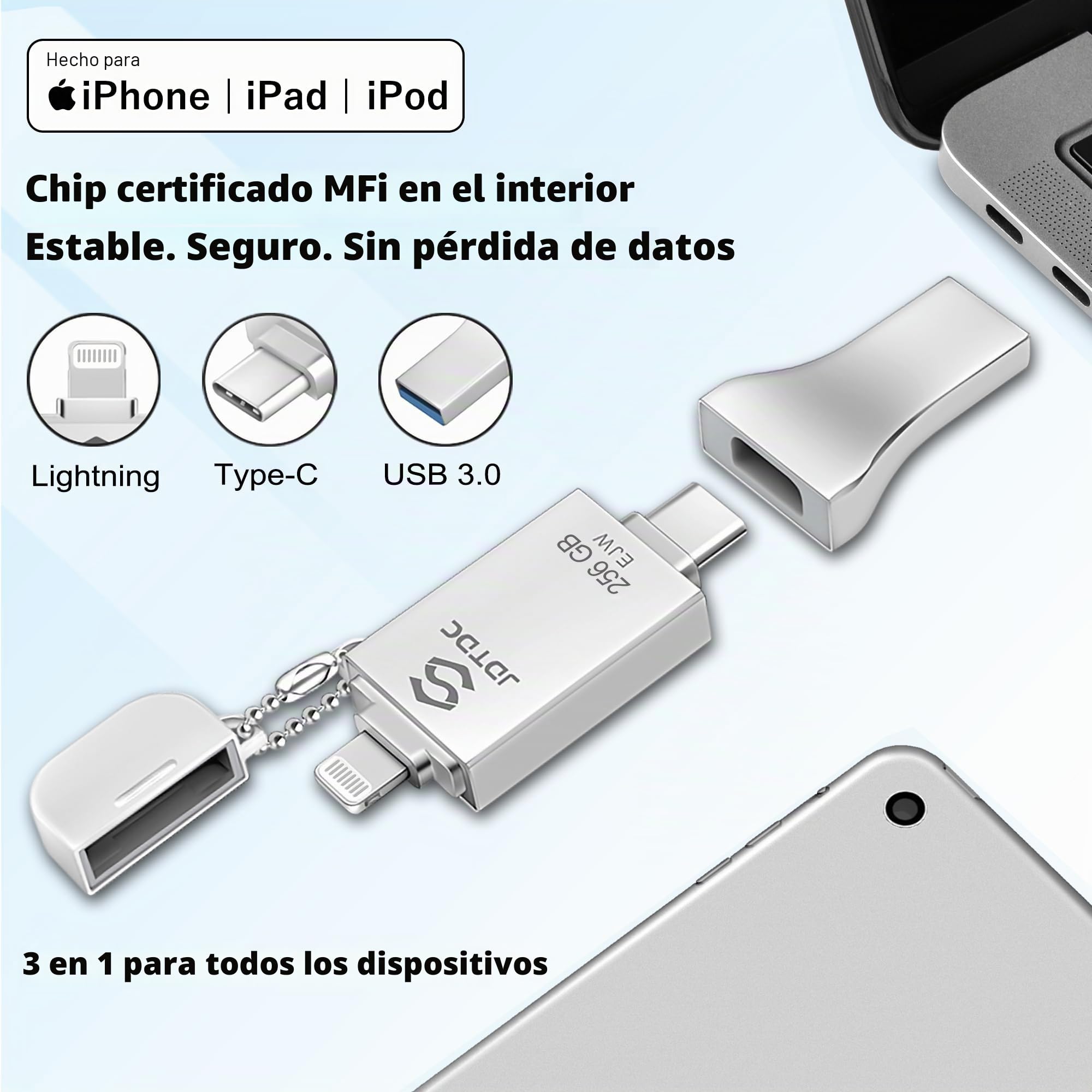 Apple MFi 256GB Memoria USB para iPhone, Pen Drive Lightning, Flash Drive Externo para iPad/Android/PC/Mac, Photostick con Transferencia de Fotos