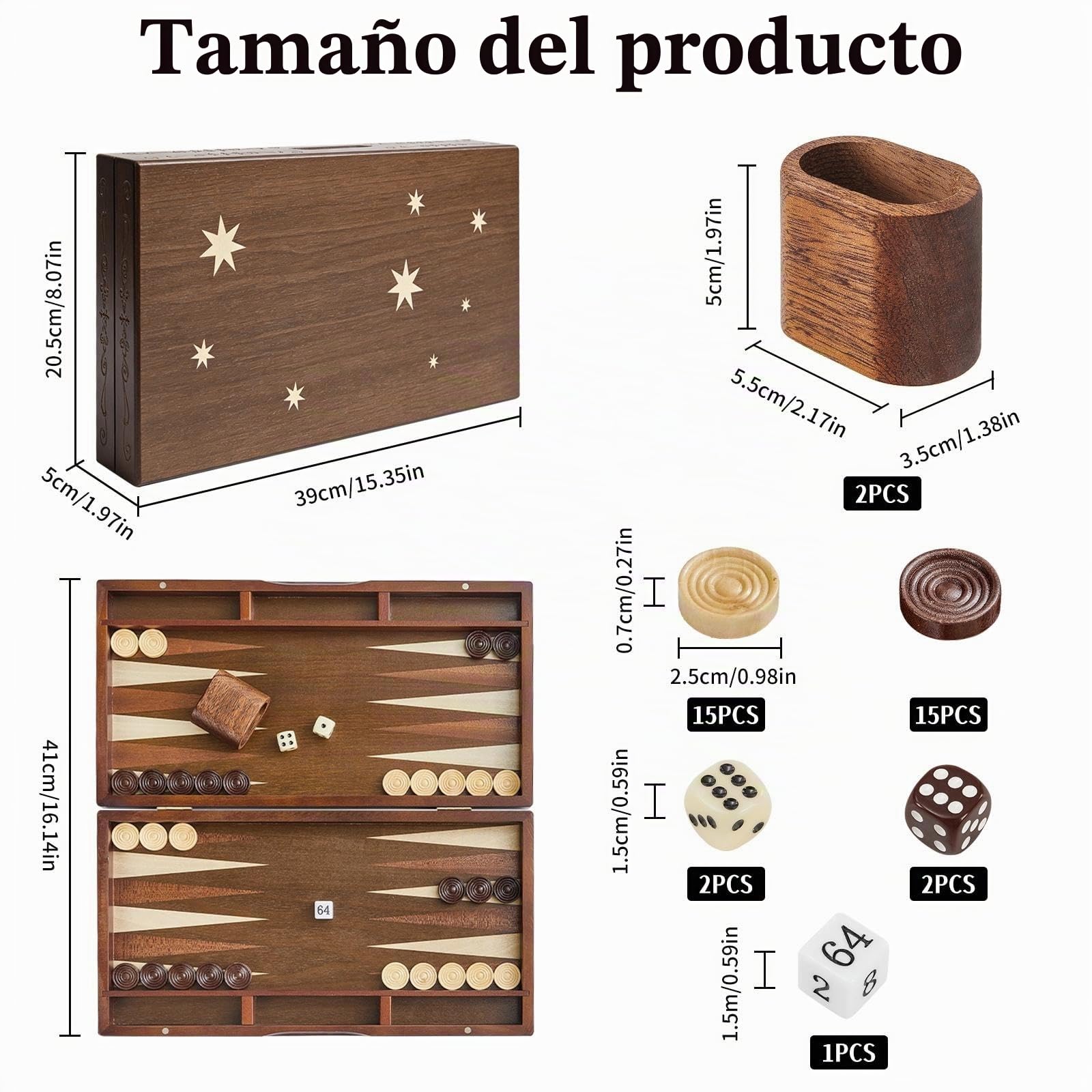 Set de Backgammon para adultos Gran tablero de 40 cm de madera Compacto plegable y perfecto para viajes Incluye dados Juego de mesa clásico para el hogar