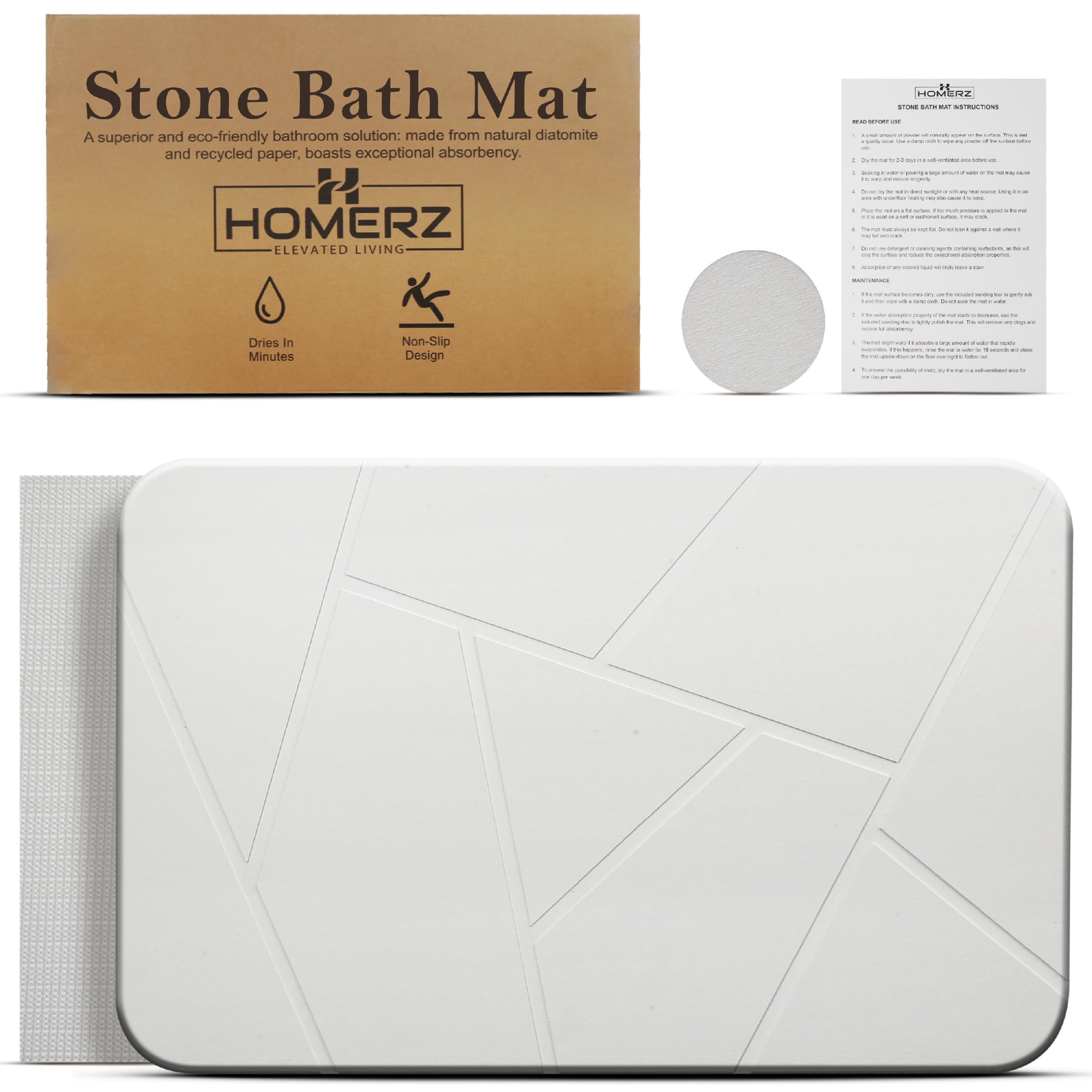 White Stone Bath Mat - Diatomaceous Earth - 23.6x15.3 inch - Quick Dry and Non-Slip Shower Stone Bath Mats for Bathroom - Durable Bath Stone Mat Large in Multiple Designs and Colors (White)