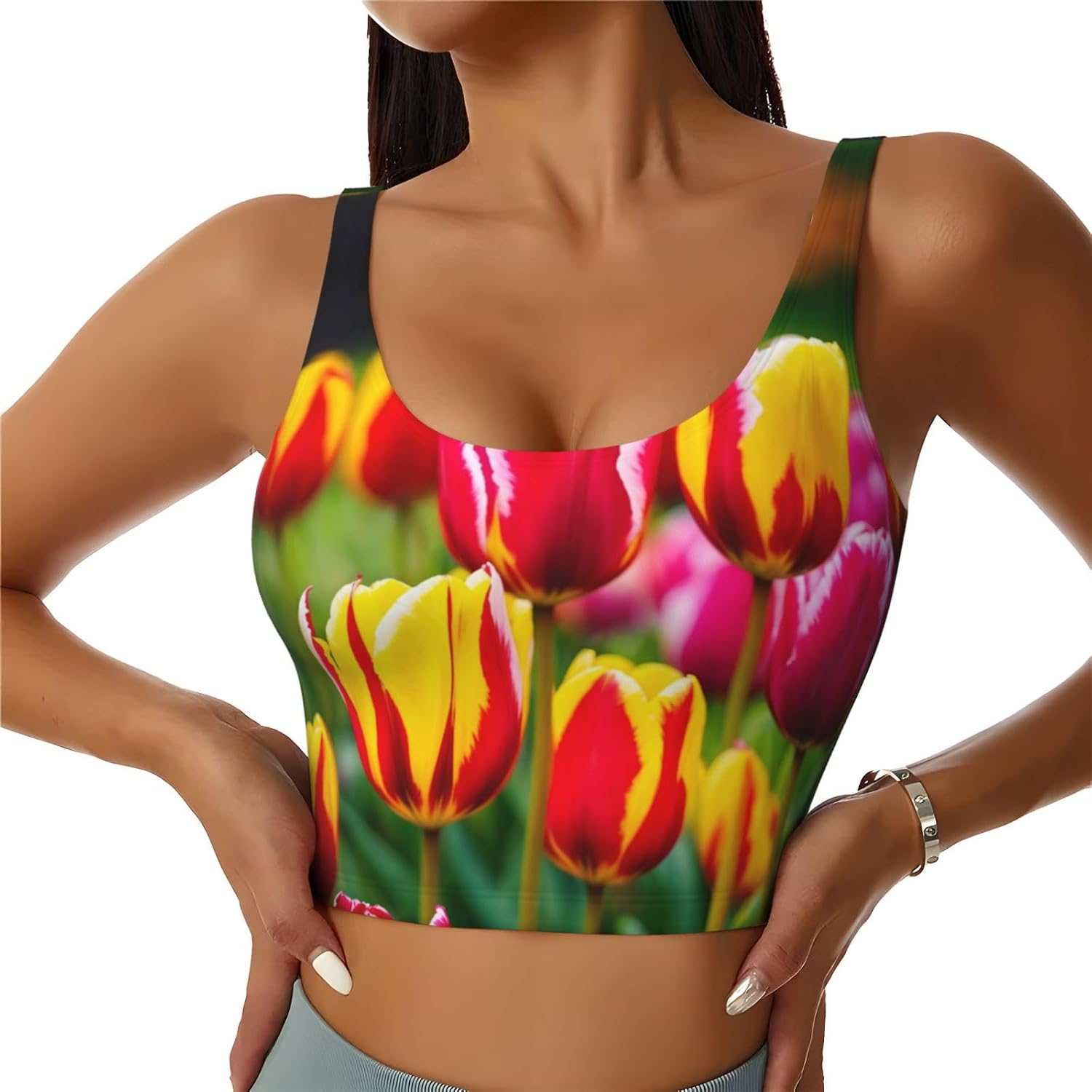 Pink Tulips Print High Impact Sports Bras,Longline Sports Bra,Perfect for Yoga,Running and Gym Workouts