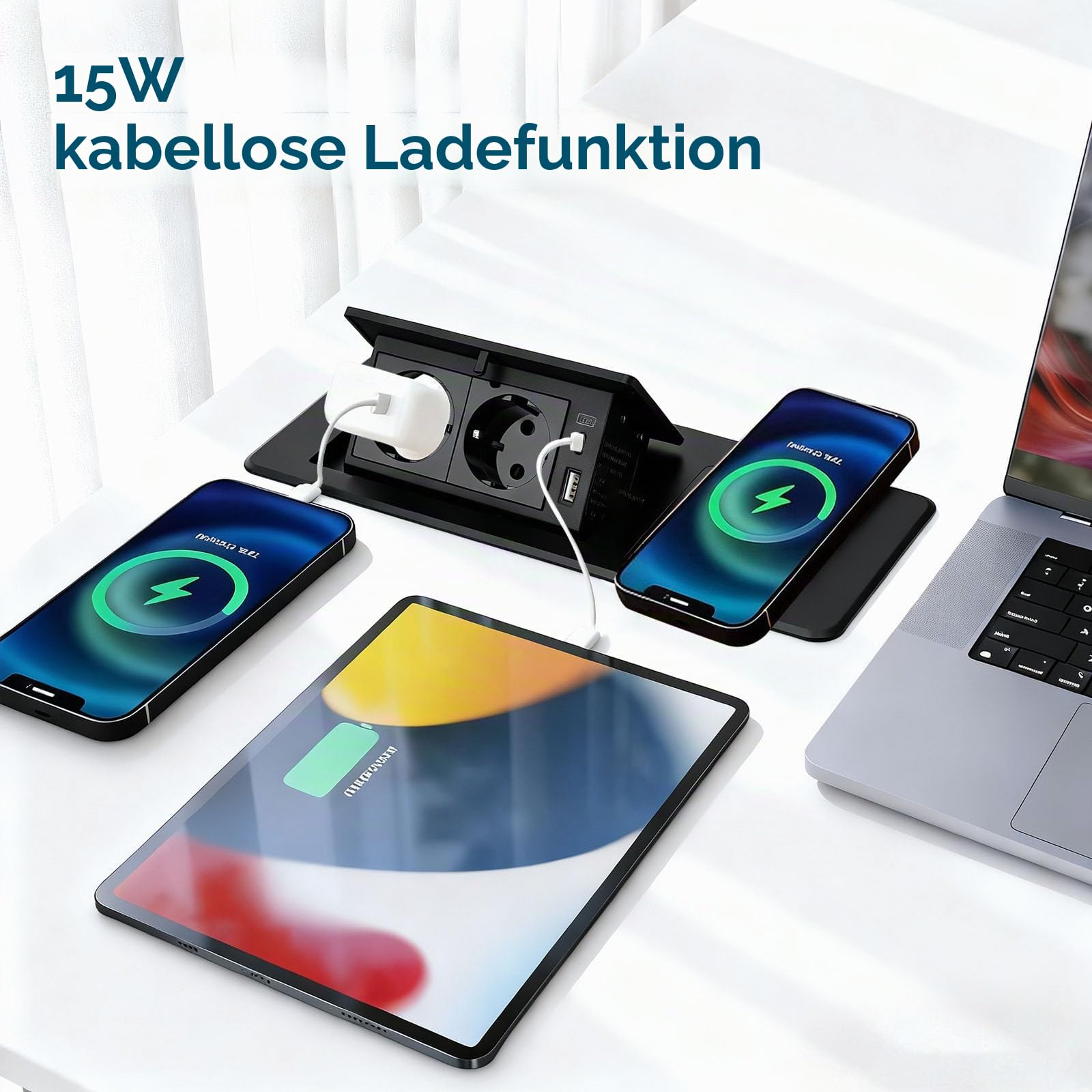Versenkbare Steckdose mit USB, Einbau Steckdosenleiste mit Kabellosem Ladegerät, Softöffnung, Aluminium Spritzguss, 1,8m Anschlusskabel, Einbausteckdose für Küche, Schreibtisch,Konferenztisch(Schwarz)