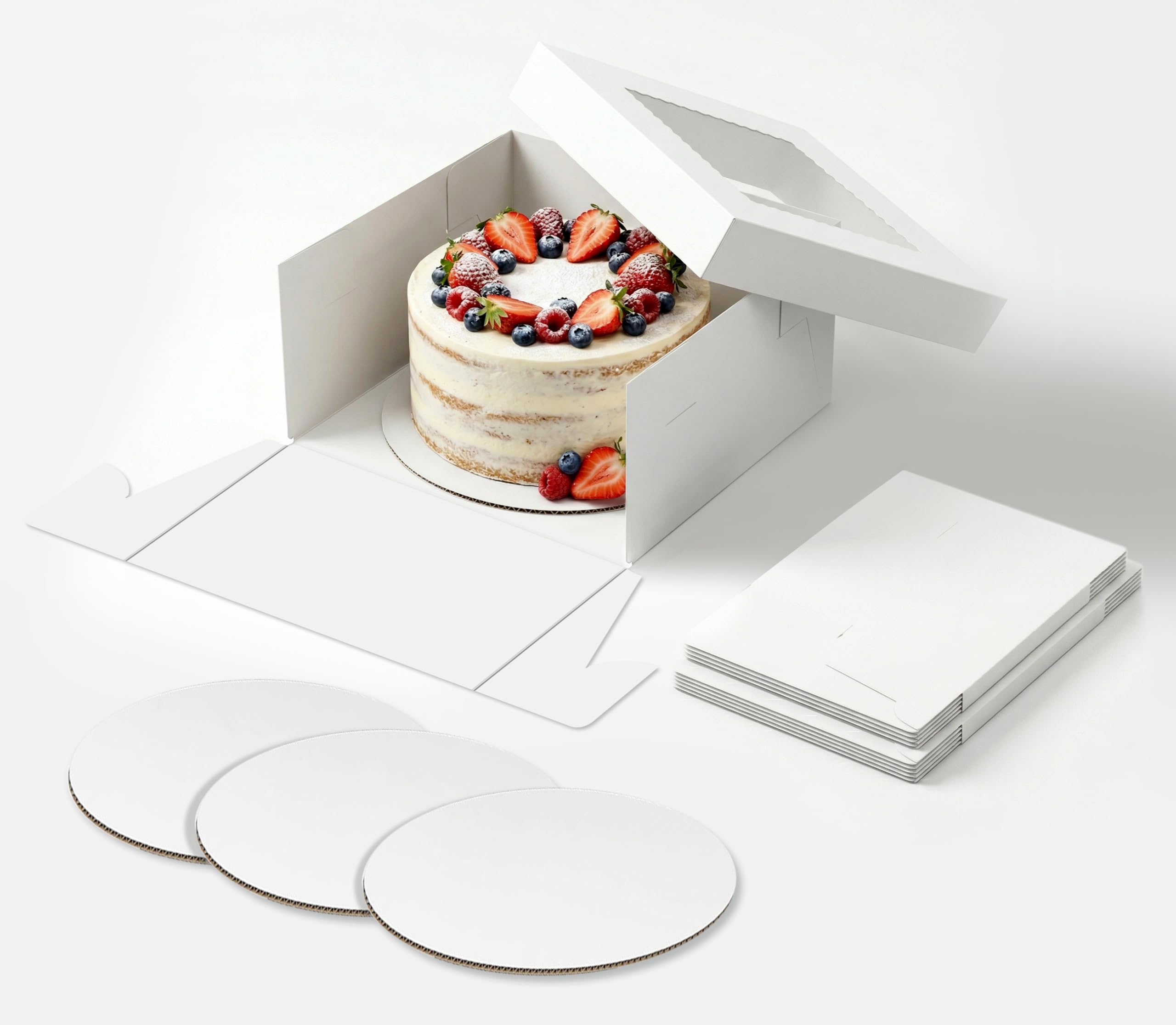 BOPLYBAY 10x10x5 Inch White Cake Boxes with Window, 3 Sets 2-Piece Bakery Boxes with 3mm Thick Cake Boards, Premium Sturdy Dessert Containers for 8-9" Cakes, Pastries and Treat Display