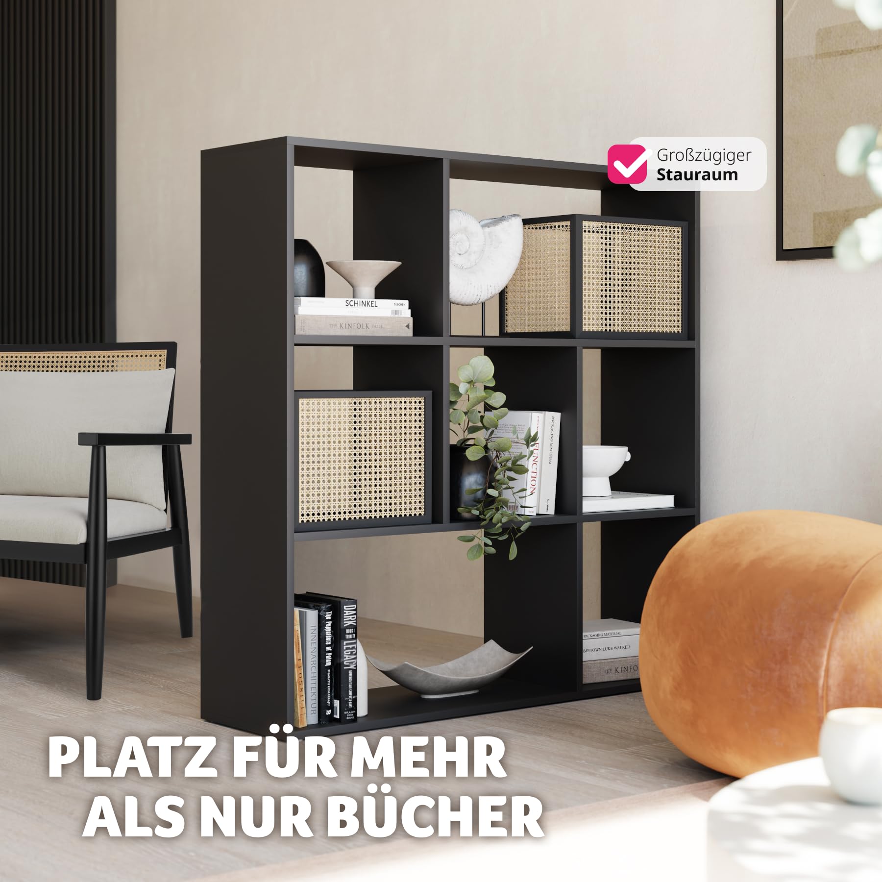 tectake® Bücherregal, Raumteiler, Schrank Regal als Raumteiler im Wohnzimmer, Trennwand Kinderzimmer, Schlafzimmer, Küche oder Garderobe, Würfelregal, Aufbewahrung Büro, Schuhregal (schwarz)