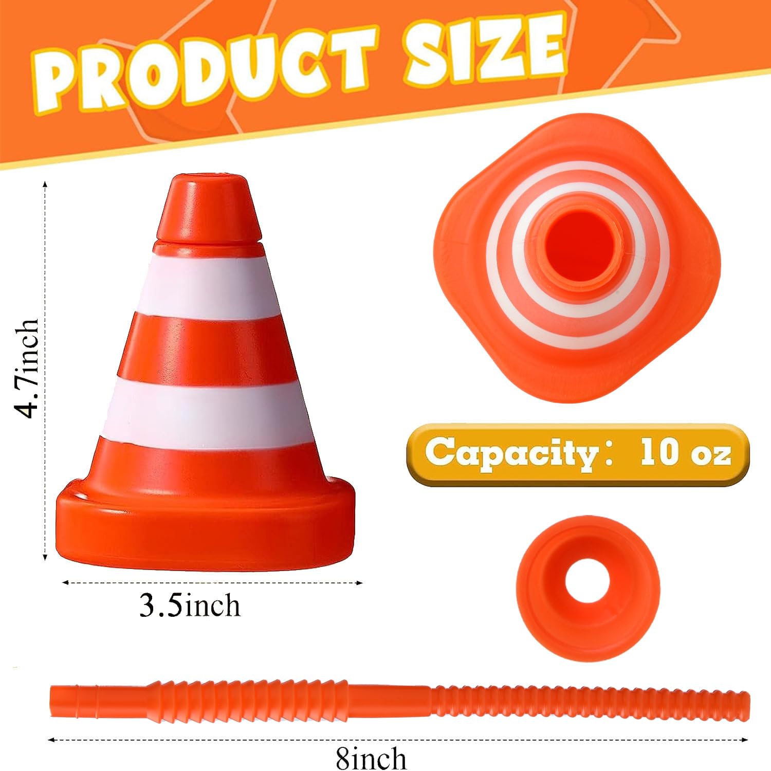PAKCHOICE 8-Pack Construction Cone Cups Set, 10 oz Kids Party Favor Cups with Straws Bulk for Construction Traffic Theme Racing Car Birthday Party Supplies