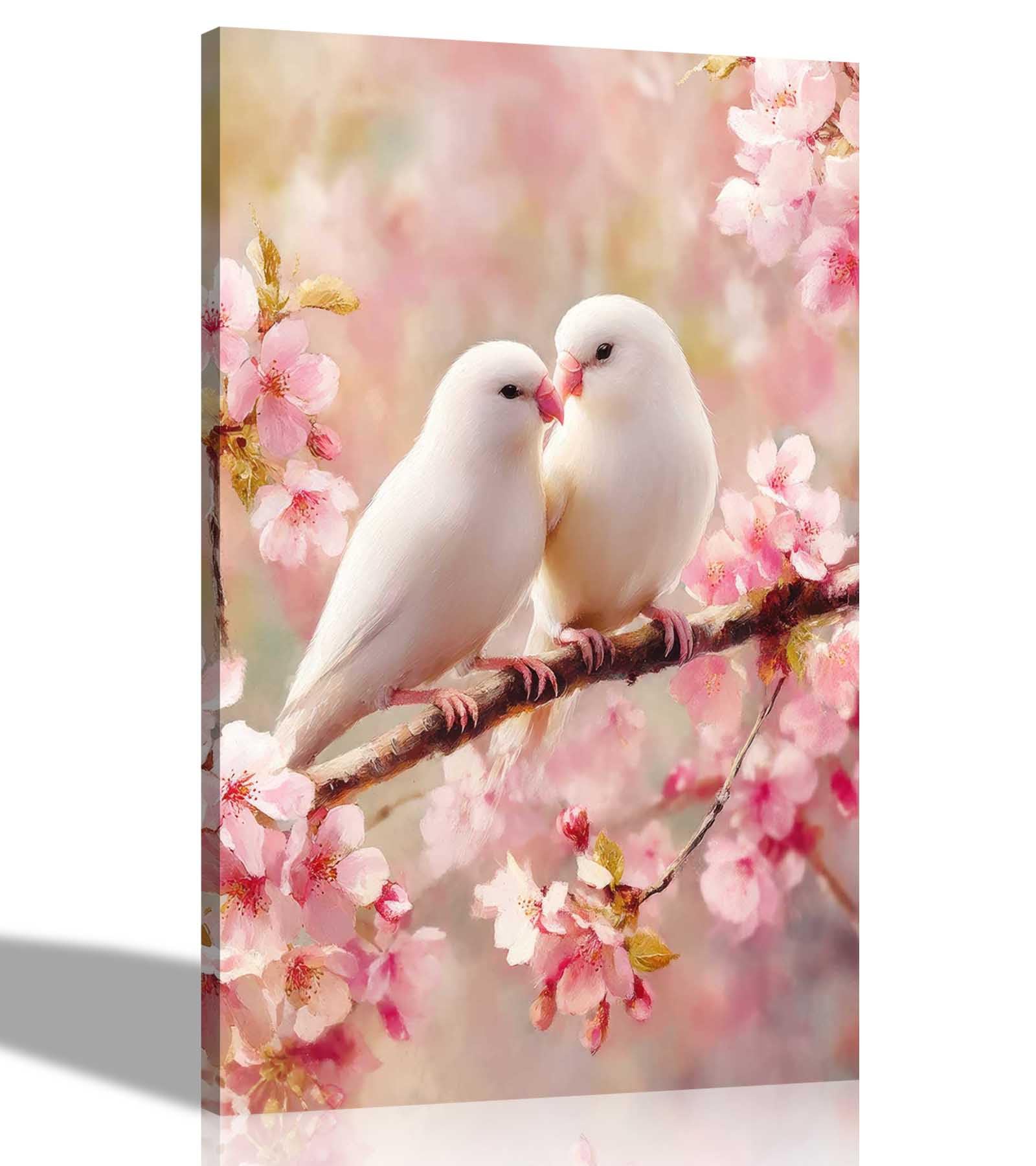 Artley Prints White Birds On Cherry Tree - Canvas Pictures For Wall Nature Art Prints Conservatory, Gardening Decor 40 X 30Cm (16 X 12 Inches) A3