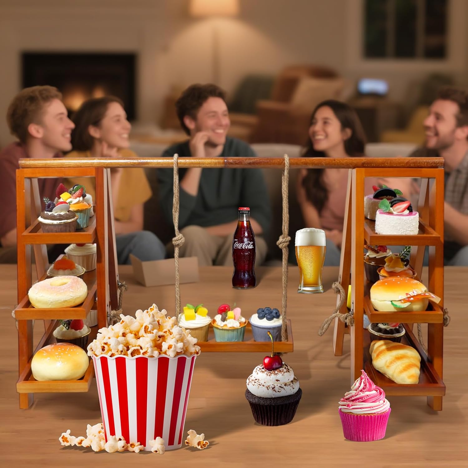 3 Tier Cupcake Stand - Wooden Display Stand for Desserts, Fruits, Nuts, Cheese - Removable Trays and Foldable Stand - Perfect for Parties and Events - Rustic and Unique Wooden Serving Tray