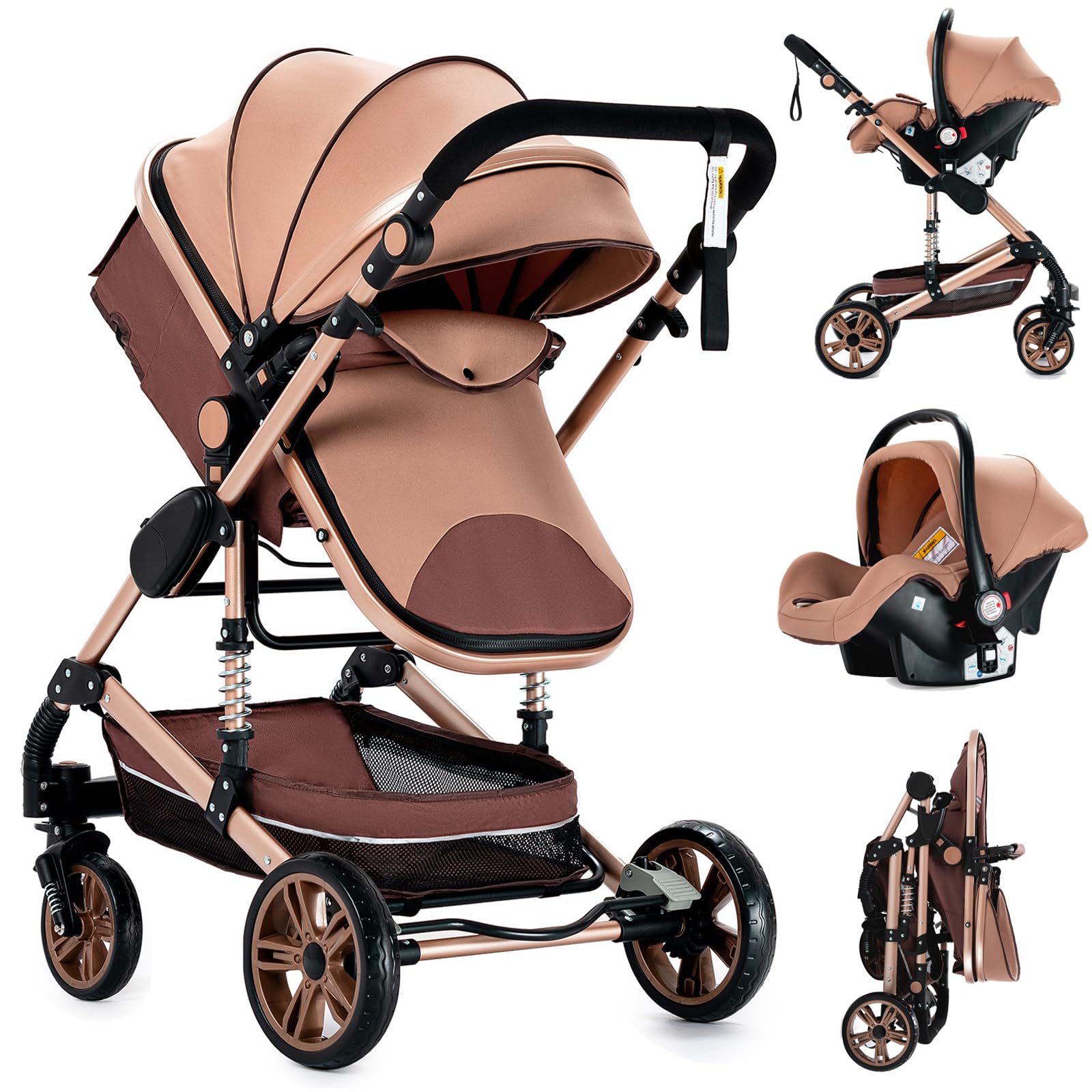 MoLi Poussette 3 en 1, poussette avec mode double poussée réversible, buggy avec grande nacelle confortable, poussette combinée 3 en 1, cadre en alliage d'aluminium, pliable, haute paysage (739 kaki)