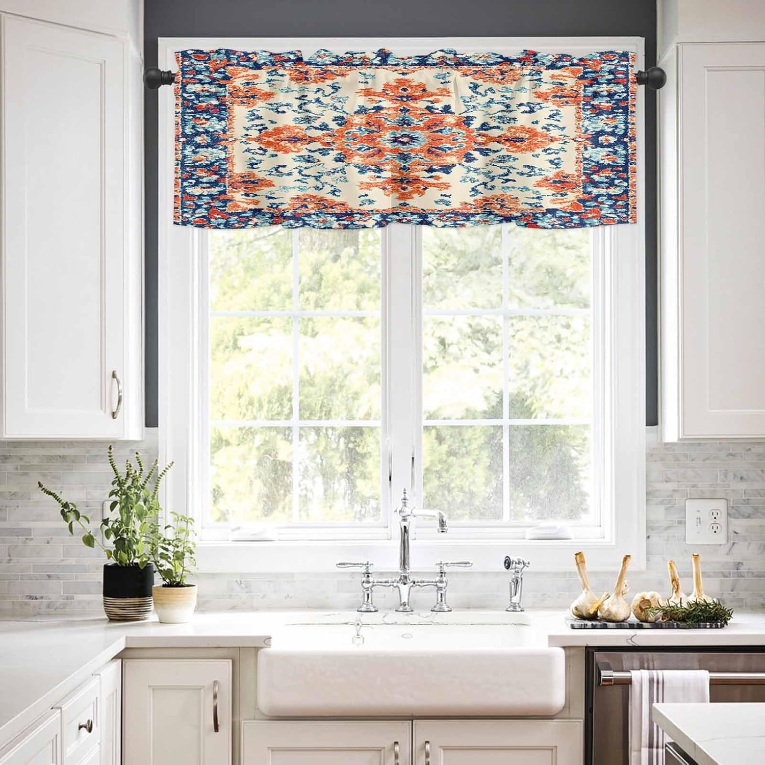 Boho Kitchen Curtains and Valances Set, Rod Pocket Vintage Abstract Bohemia Floral Pattern Tier Curtains 36 Inch Length, 3 Piece Southwest Aztec Short Cafe Drapes Ethnic Motifs Window Treatments Set