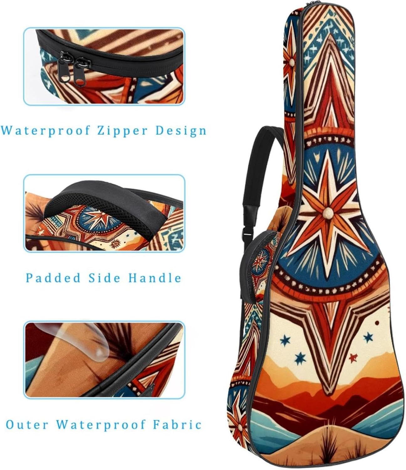 40 41 42 Inch Guitar Bags, Waterproof Padded Acoustic Guitar Case Backpack with Adjustable Shoulder Strap & Pockets, Aesthetic Western Pattern Design