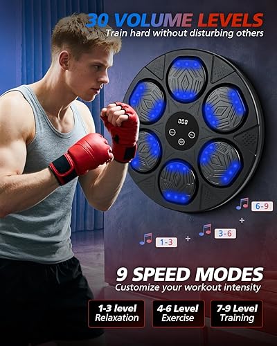 Miniatura 4 de Máquina de boxeo de música, punzonadora de sonido con guantes de boxeo, blanco de boxeo electrónico montado en la pared para adultos y niños, 9 modos