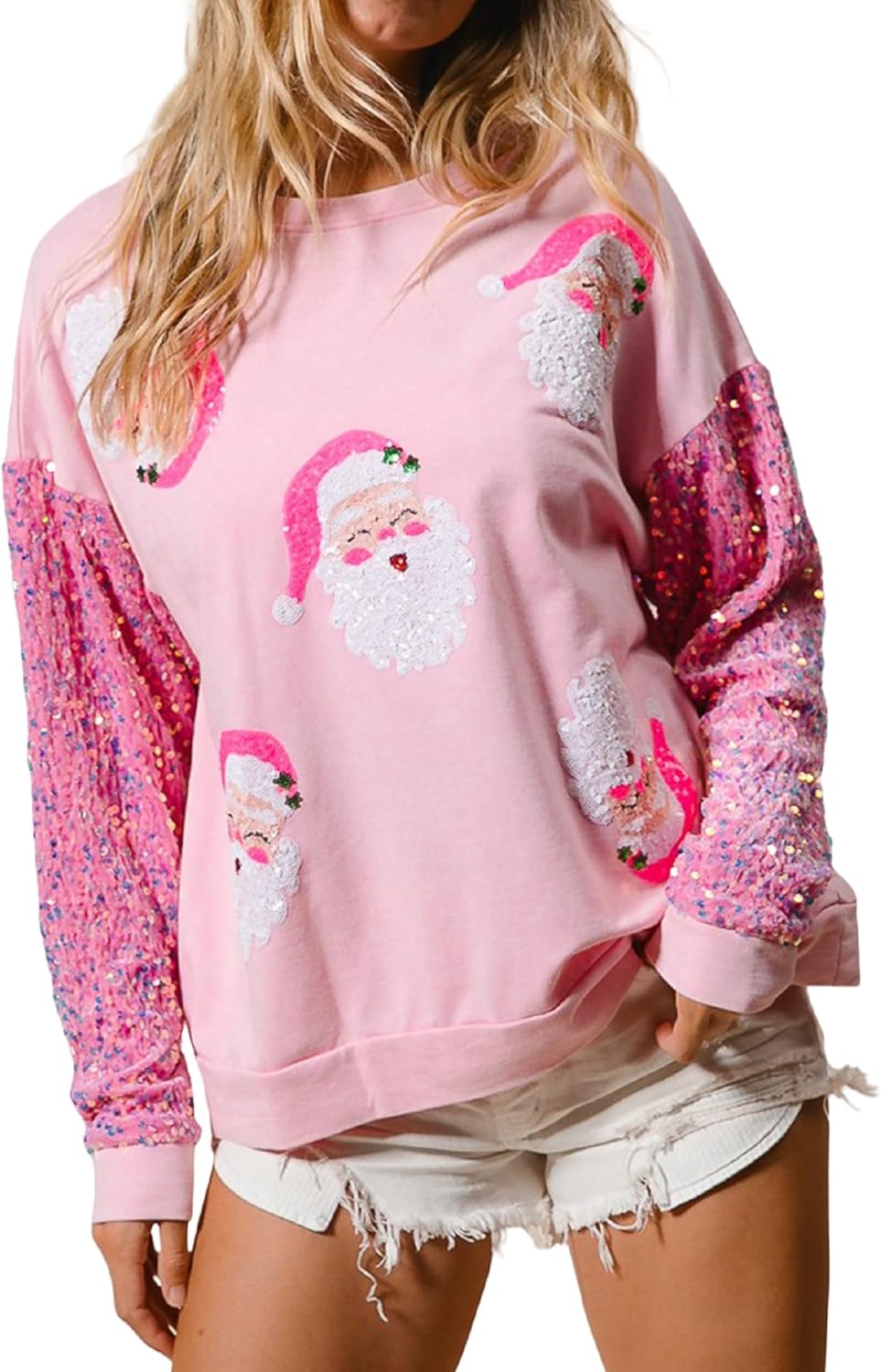 Seyumixi Women Christmas Sequined Long Sleeve Sweatshirt Cute Glitter Santa Holiday Crewneck Pullover Tops Xmas Gifts