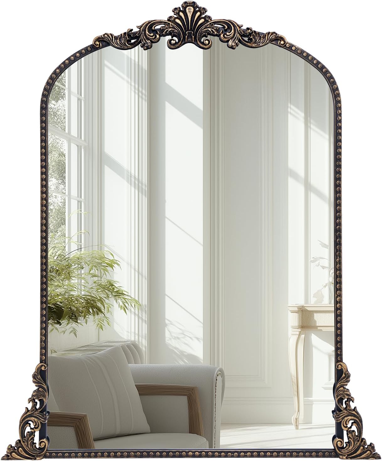 Growsun Vintage Black Arched Mirror, 24x36 inch Antique Baroque Wall Mirror Decor, Traditional Ornate Mirror with Full Metal Frame for Fireplace/Entryway/Living Room/Bathroom Vintage Black 36"L x 24"W