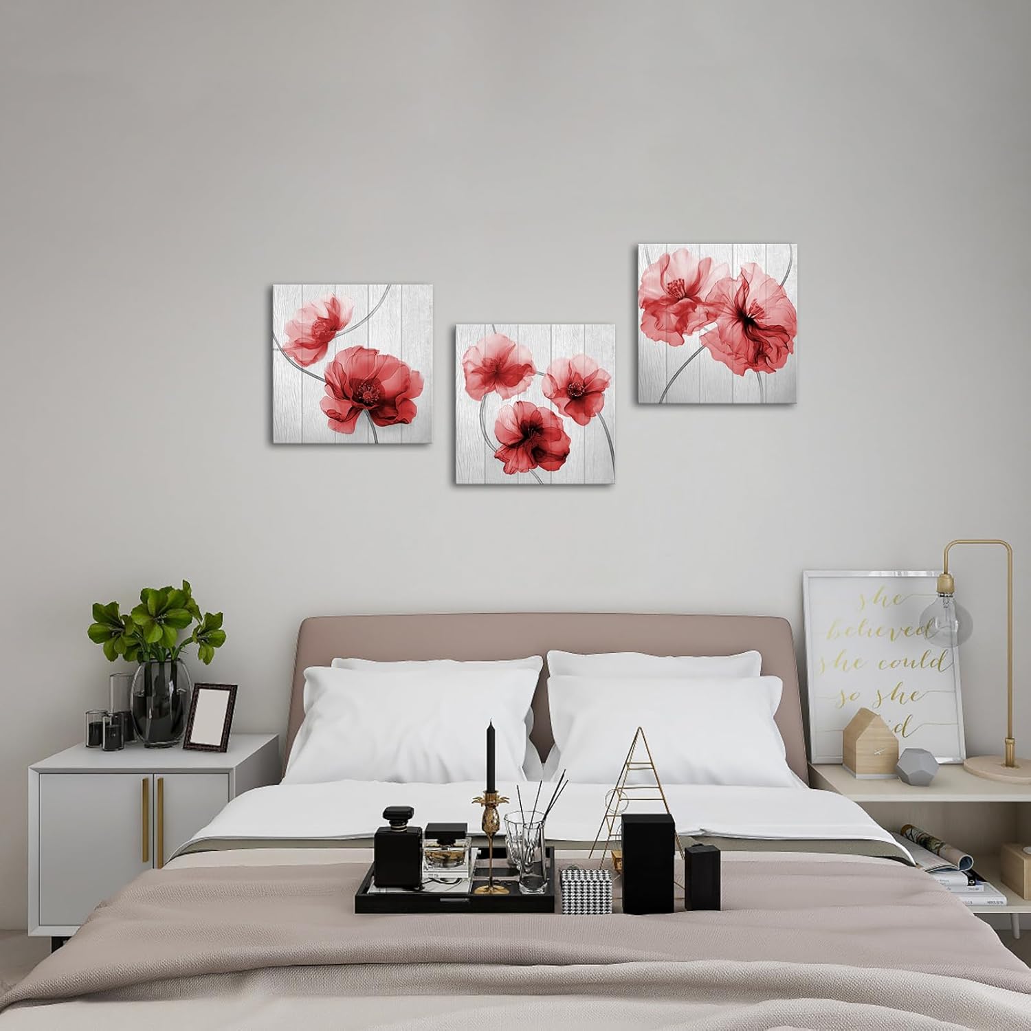 KLVOS Red Flower Wall Art 3 Panels Bedroom Wall Decor Blooming Floral Picture Canvas Posters Print Vintage Artwork Framed for Bathroom Kitchen Grey Red Wall Painting Home Decor Framed