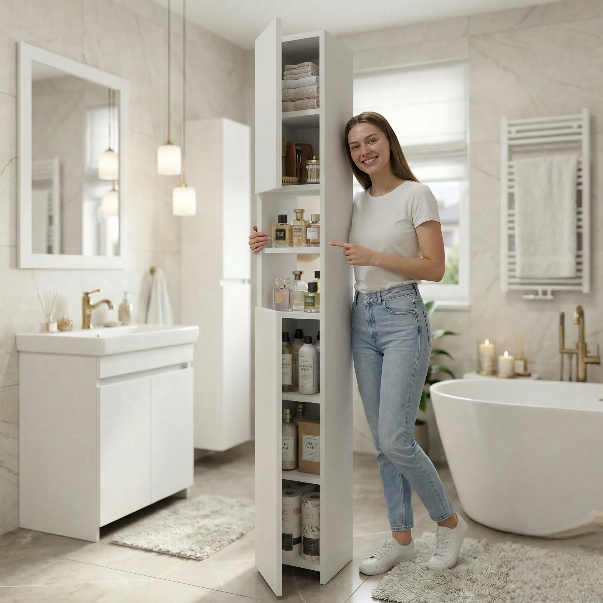 CraftPAK Badezimmerschrank 24 cm Breit, Badschrank, Hochschrank 7 Fächer Verstellbar 2 Türen Badezimmermöbel Badmöbel Schmal Holz Weiß