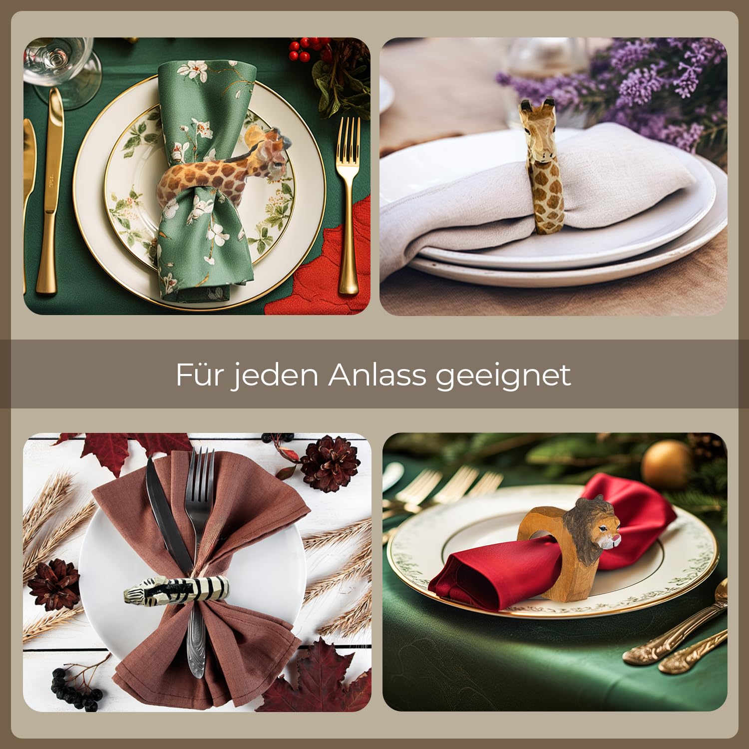Serviettenringe|Handgeschnitzt|Tierdesign - Löwe, Zebra, Giraffe|3er-Set|aus Holz|Handbemalt|Vielseitig einsetzbar|mit Standfestem Boden|9x7x2 cm