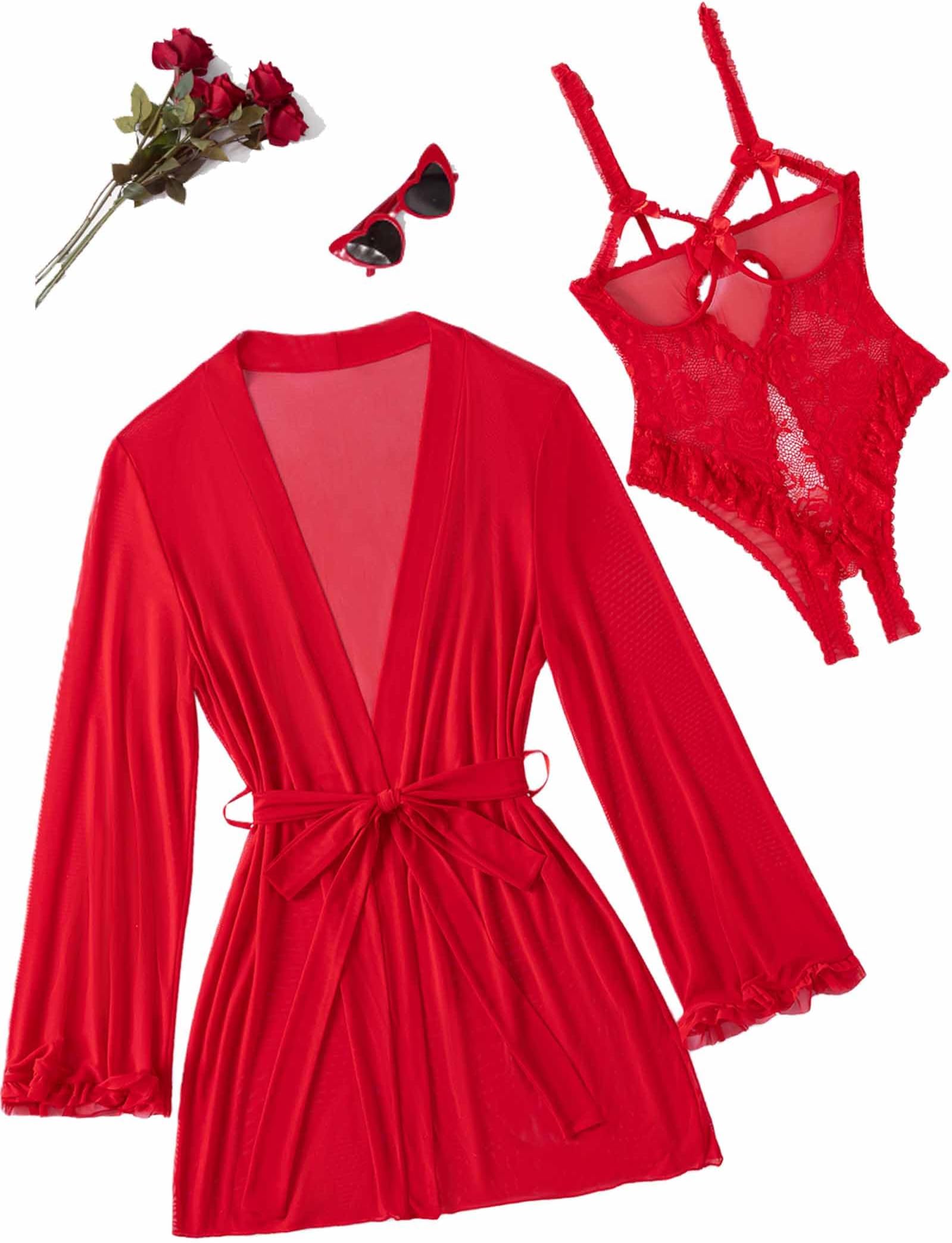 Women's Sexy Lingerie Set 2 Pieces Cutout Teddy Bodysuit with Sheer Kimono Robe Mesh Nightwear Boudoir Outfits