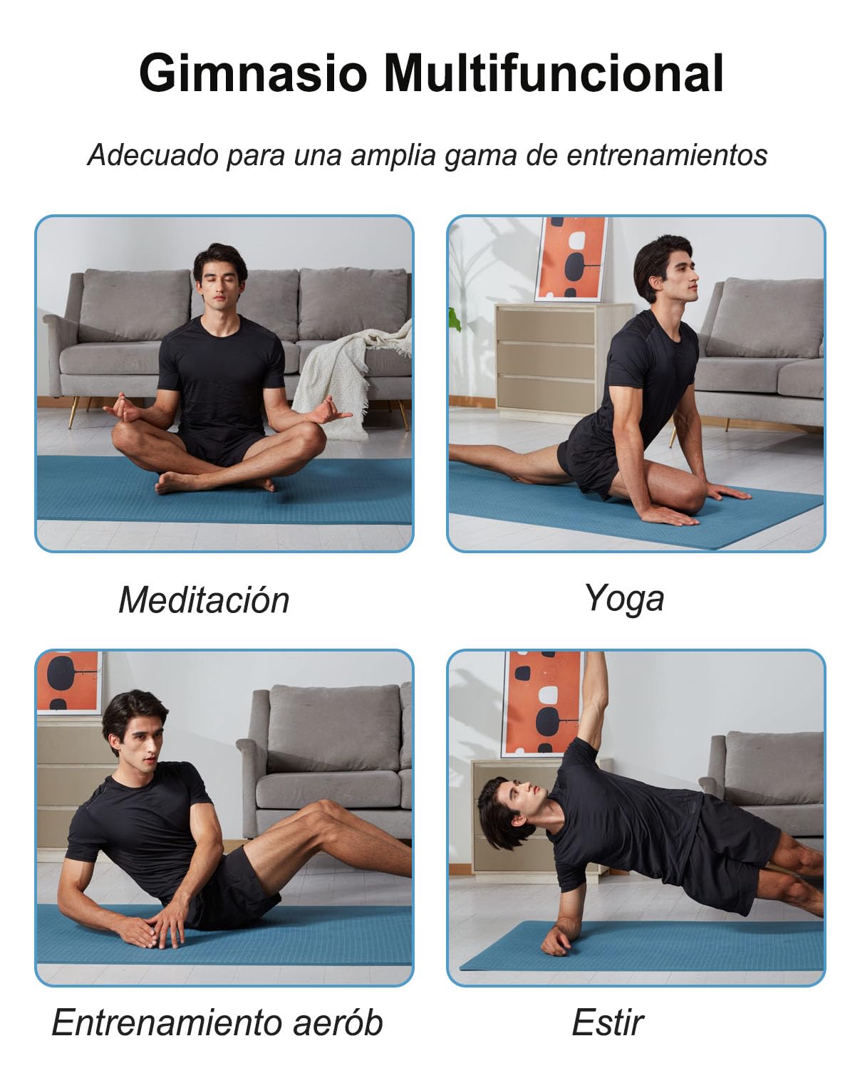 Esterilla de yoga antideslizante, 195 x 90 cm, TPE, 10 mm de grosor, esterilla de fitness XL, con correa de transporte + bolsa para pilates, yoga, entrenamiento