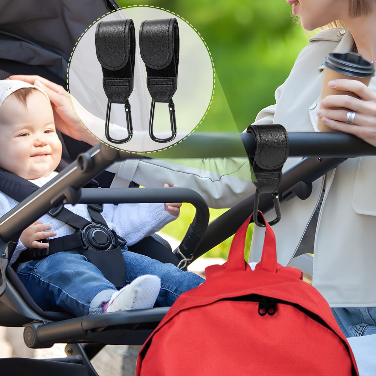 4 ganchos para cochecito, ganchos para cochecito de bebé, clips y ganchos universales para cochecito, clip de mosquetón ajustable para bolsas de pañales, el gancho perfecto para cochecito, compras y