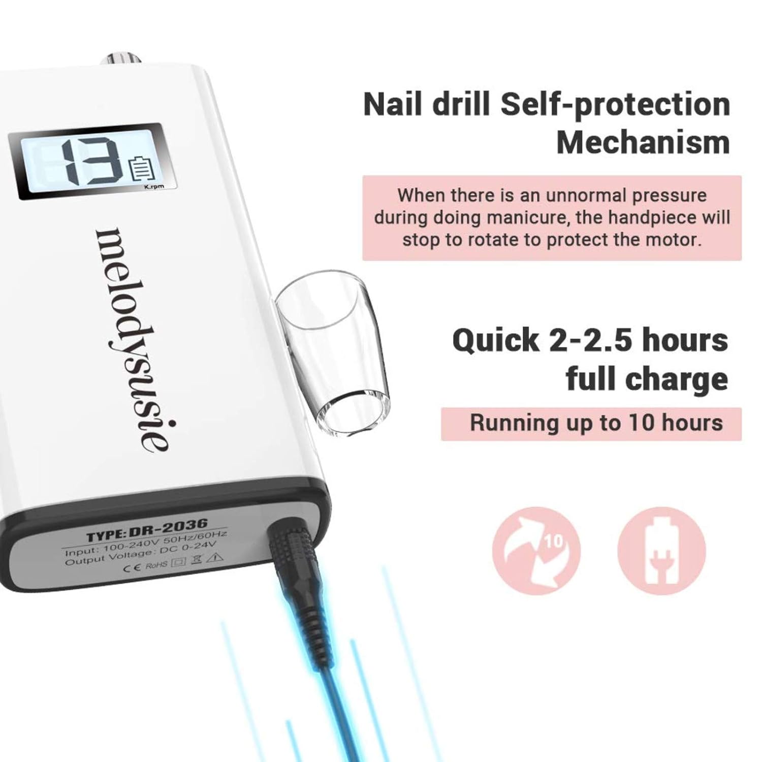 MelodySusie Professional Rechargeable 30000 rpm Nail Drill, Portable Electric E File Scamander, Acrylic Gel Grinder Tools with 6 Bits and Sanding Bands for Manicure Pedicure Shape Carve Polish : Beauty & Personal Care