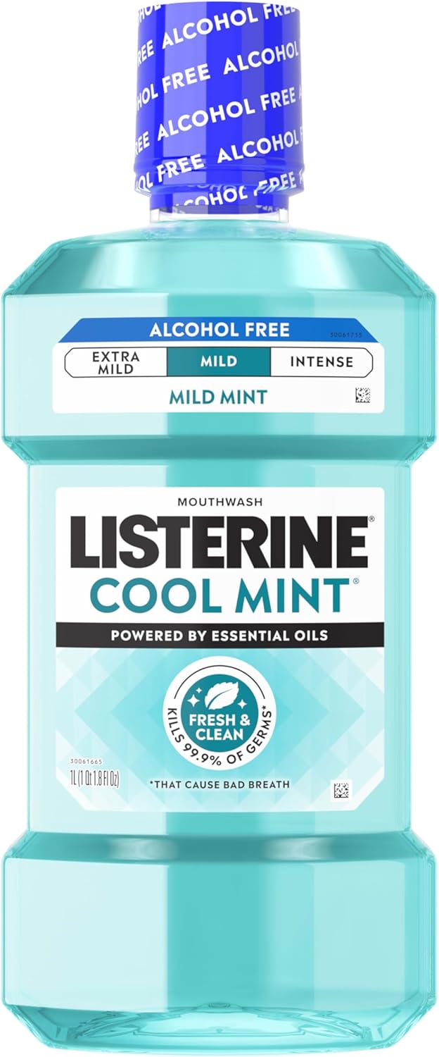 Listerine Cool Mint Alcohol-Free Mild Mouthwash, Oral Rinse Kills 99.9% of Germs That Cause Bad Breath, Less Intense Taste, Mild Mint Flavor, 1 L