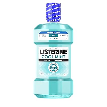Listerine Cool Mint Alcohol-Free Mild Mouthwash, Oral Rinse Kills 99.9% of Germs That Cause Bad Breath, Less Intense Taste, Mild Mint Flavor, 1 L