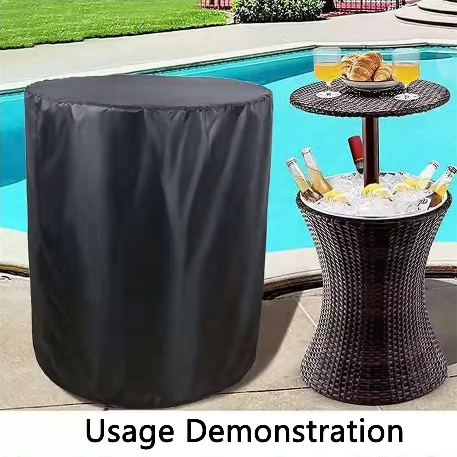 Pokrowiec na stół na patio na zewnątrz wodoodporny ochraniacz na stół bistro łatwy w instalacji ze sznurkiem, okrągły mały obrus, czarny (180 x 90 cm)