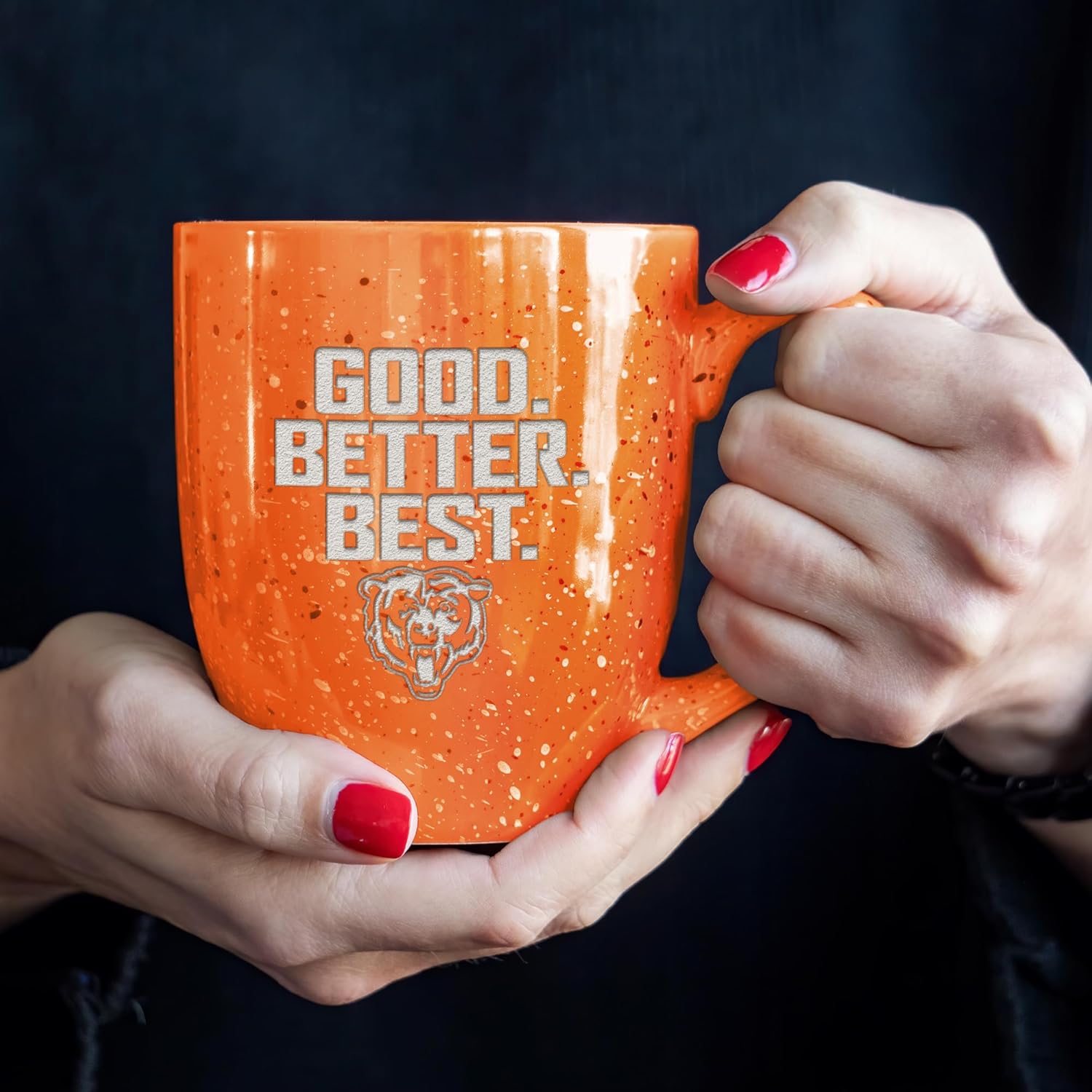 Rico Industries NFL Football Chicago Bears "GOOD. BETTER. BEST." Orange 16 oz Team Color Laser Engraved Speckled Ceramic Coffee Mug - Image 4