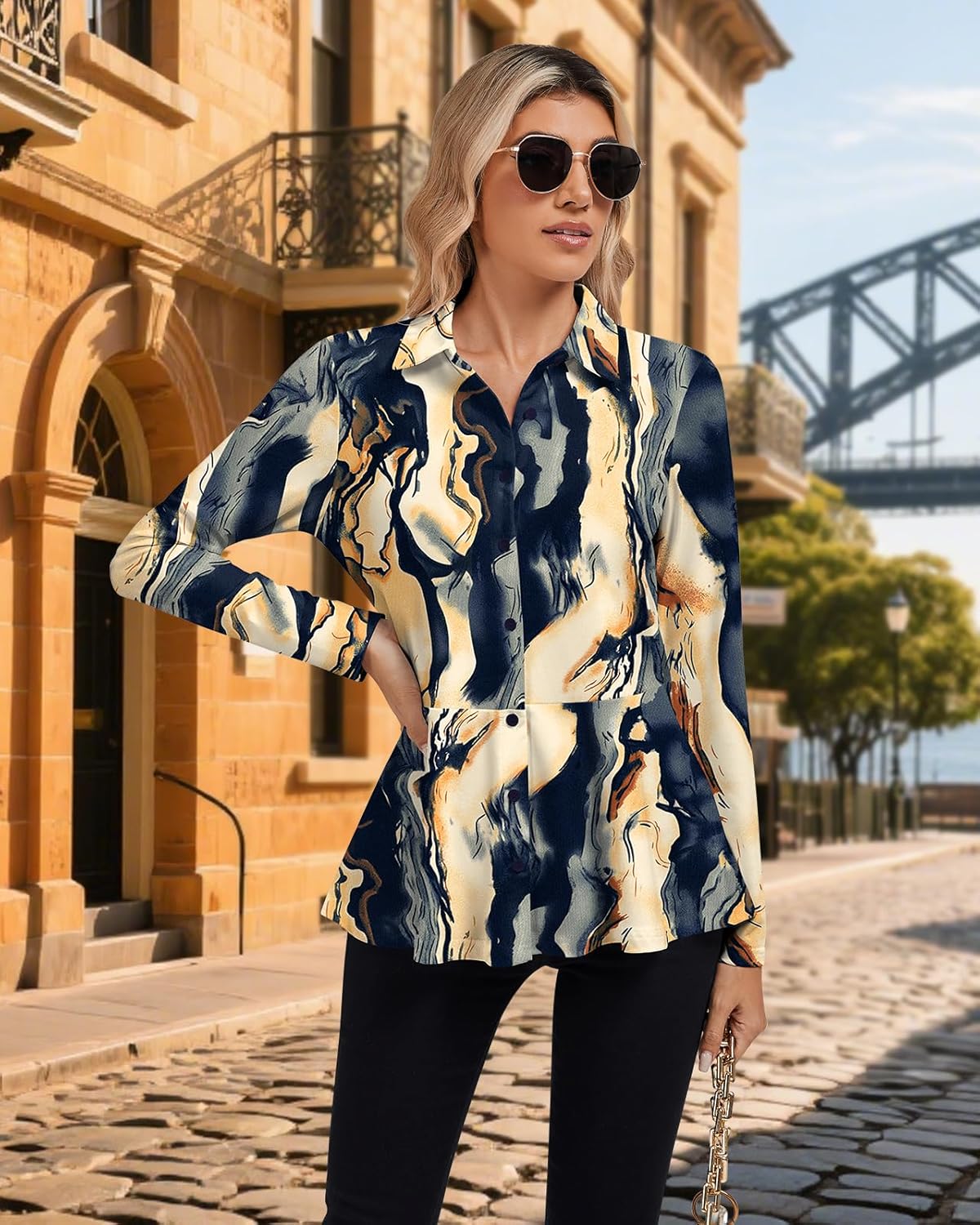 Soneven Women's 3/4 Sleeve Golf Polo Shirts V Neck Ruffle Sleeve Dressy Tops Casual Work Tunic Blouses - Image 2