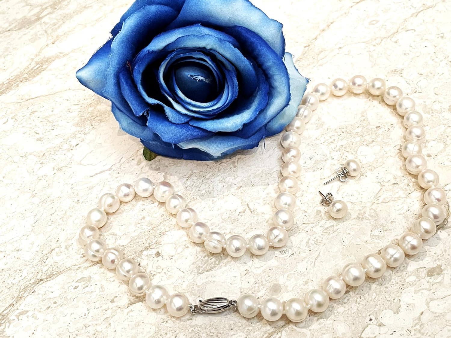 Pierre Lorren 9mm White Real Cultured Pearl Necklaces Freshwater NATURAL Pearl Jewelry Set 18" AAAA grade Cultured Pearl Necklace women 18k White GOLD Silver Akoya Baroque Pearl Earrings gift for her - Image 3