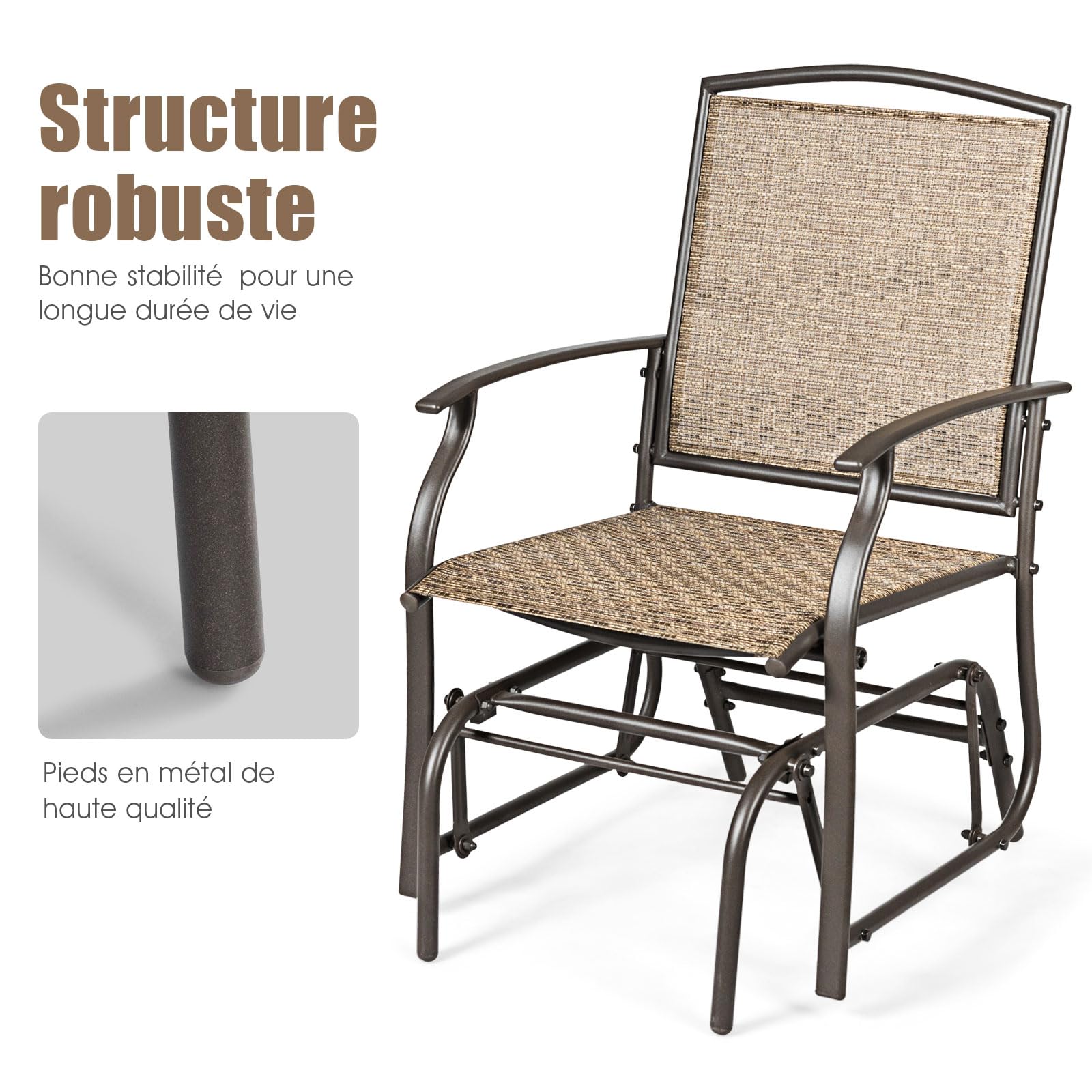 GOPLUS Mecedora Jardín Exterior, Silla Ergonómica con Estructura de Metal, Respaldo Transpirable Teslin y Reposabrazos, para Terraza Patio Piscina, Carga 150 kg (1 Pieza)