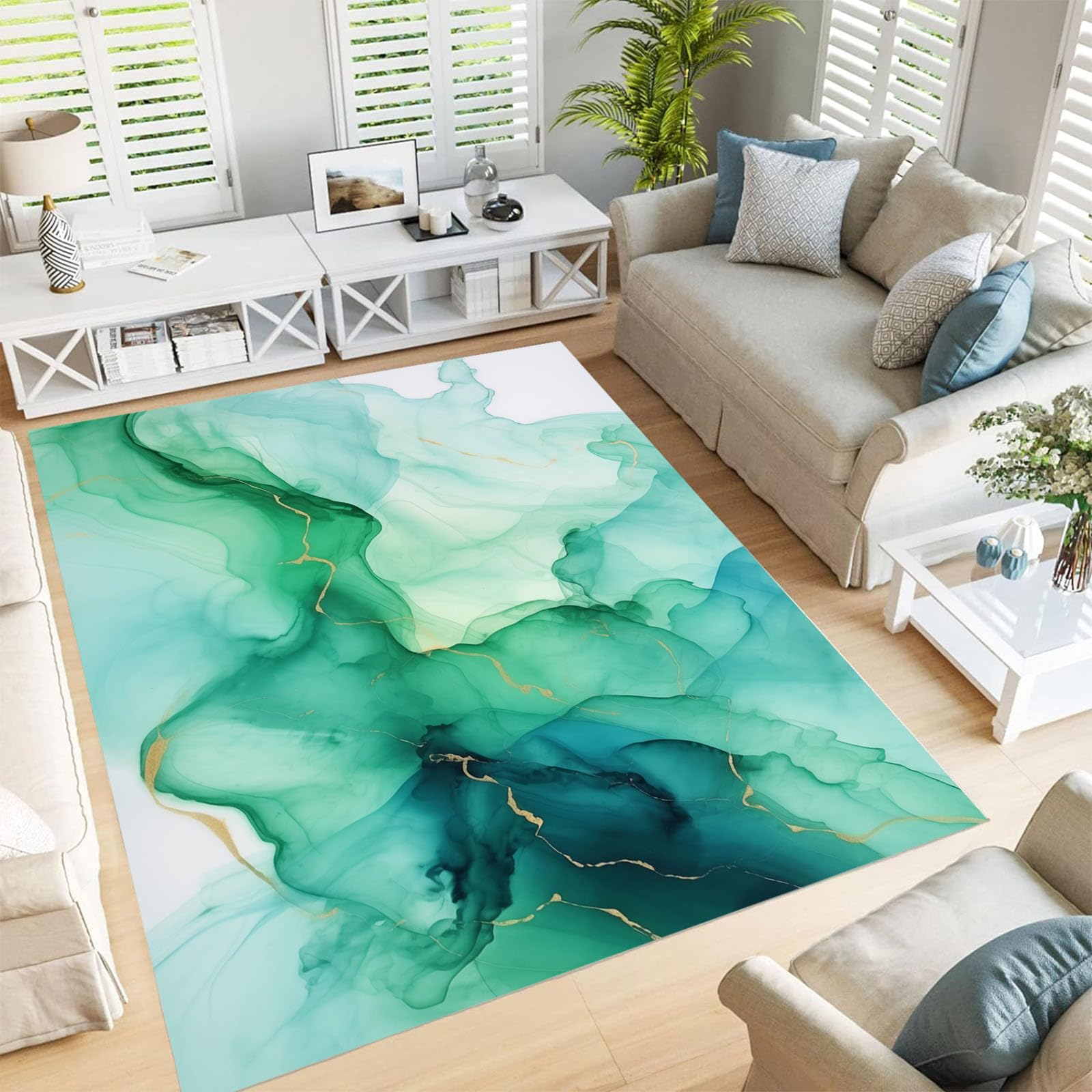 Tapis lavable en machine motif marbre aquarelle vert 80x150cm