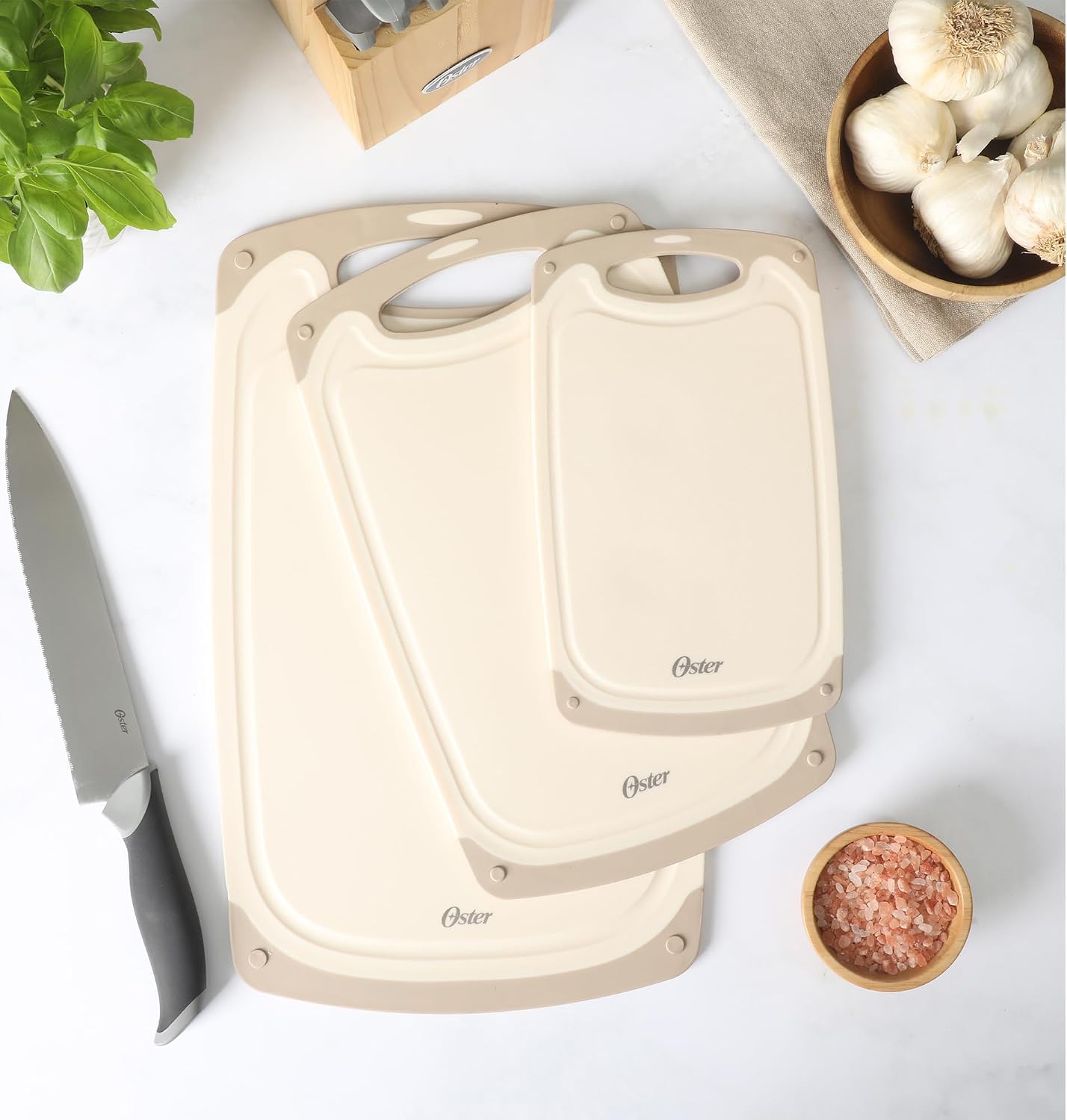Oster Bexhill 3-Piece Cutting Board Set – 9.8", 13" & 16" Plastic Chopping Boards with Non-Slip Edges, Nesting Design, Dishwasher Safe