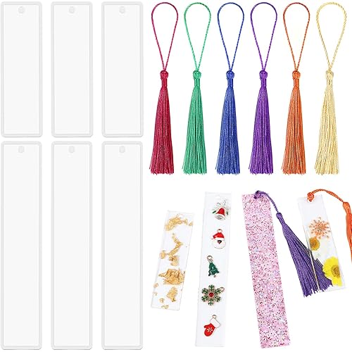 12 Pack DIY Bookmark Resin Mold Rectangle Bookmark Silicone Molds with 18 Pieces Colorful Tassels for Jewelry DIY Craft (12)