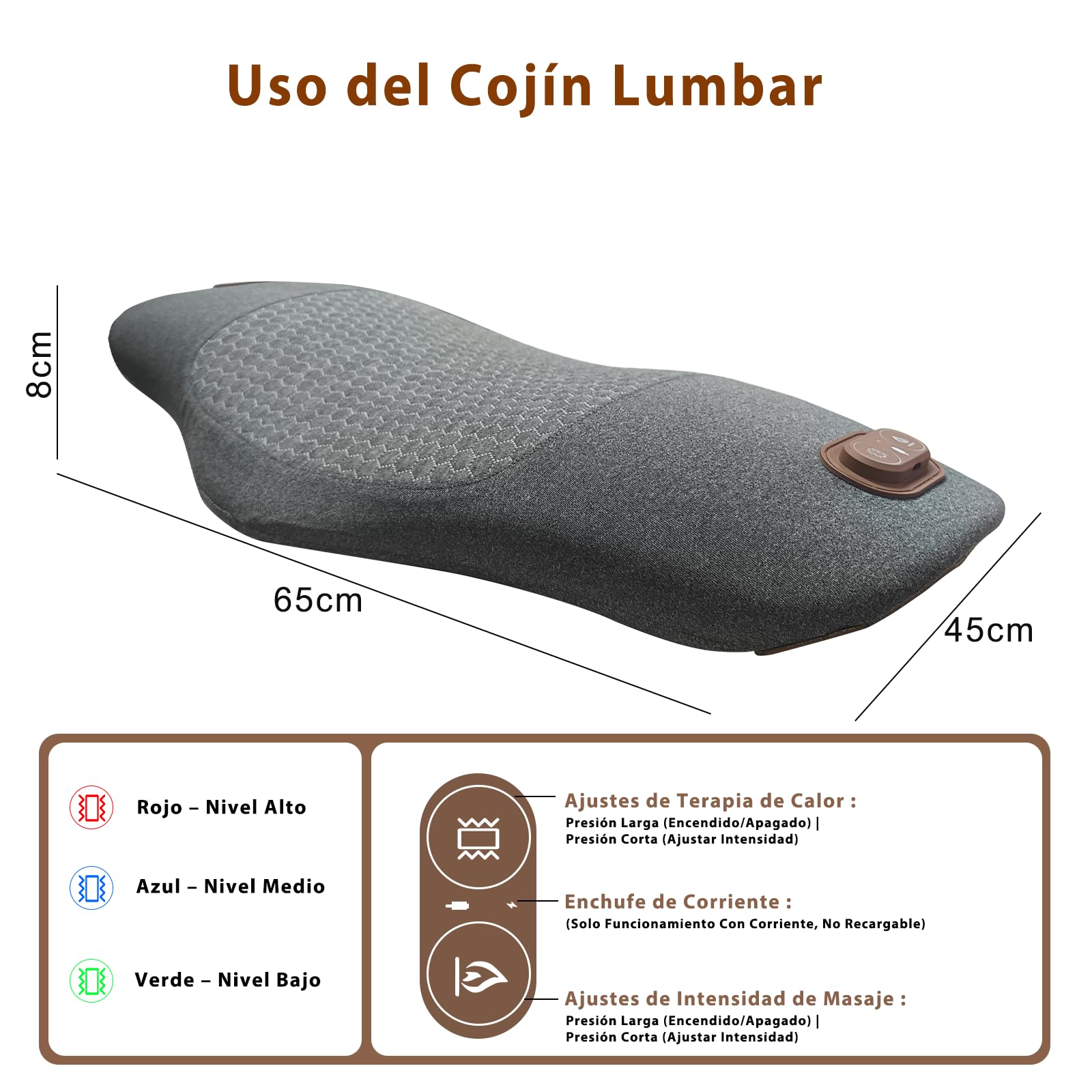 Almohada Lumbar Eléctrico 3 en 1 con Calor y Masaje por Vibración para Sofá, Silla y Coche