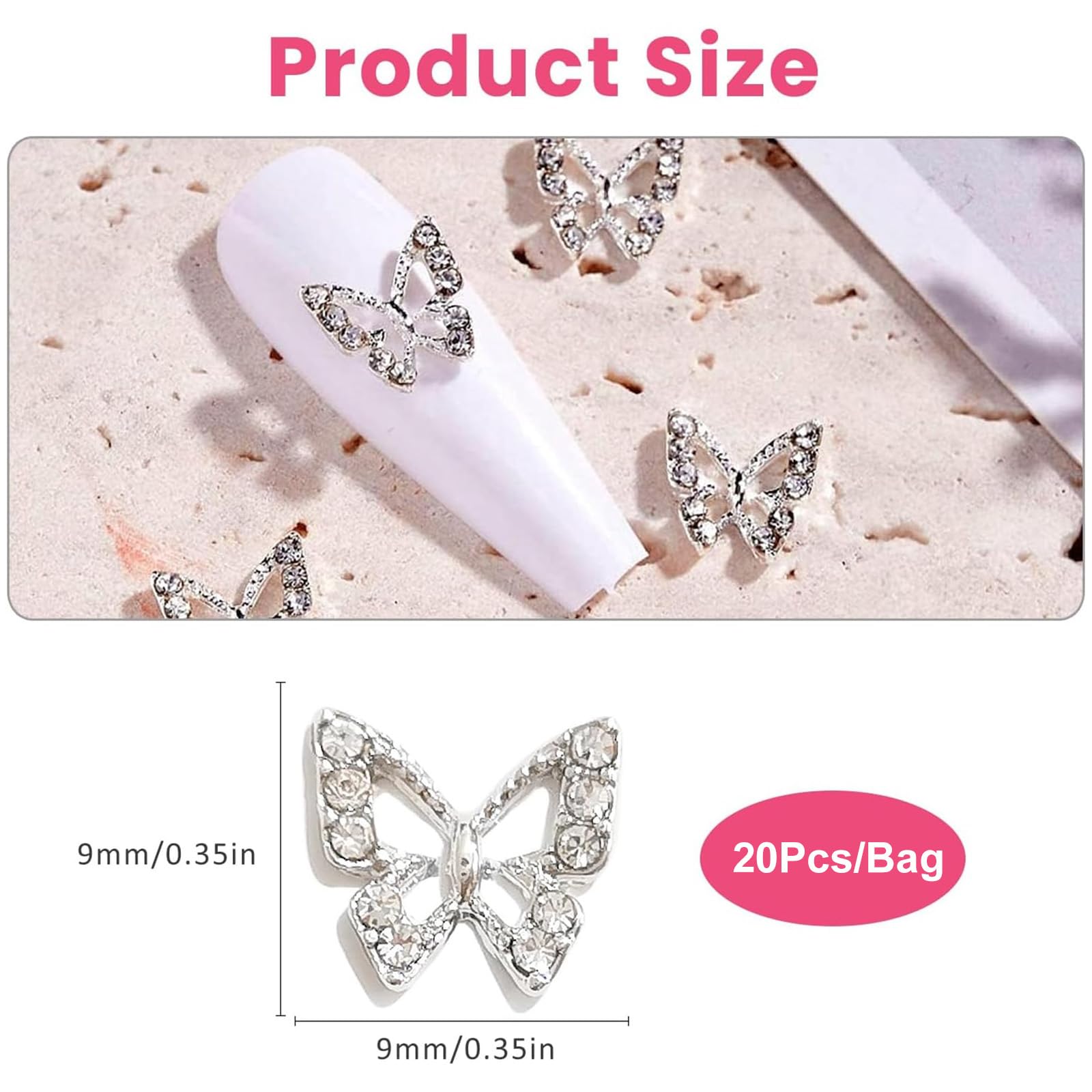 20 Stück Schmetterling Nagel Charms – Aus Metalllegierung Mit Strass, Für DIY Nail Art & Schmuckdekoration