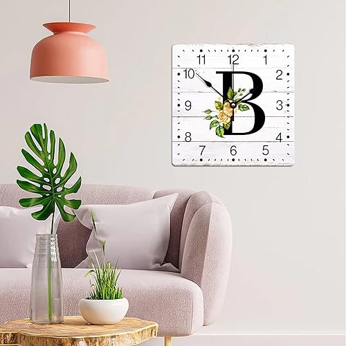 Miniatura 3 de Zyadsinoudor Reloj de pared de PVC, letra inicial B, monograma, girasol, mariposa, letra única, 12 pulgadas, cuadrado, silencioso, sin tictac,