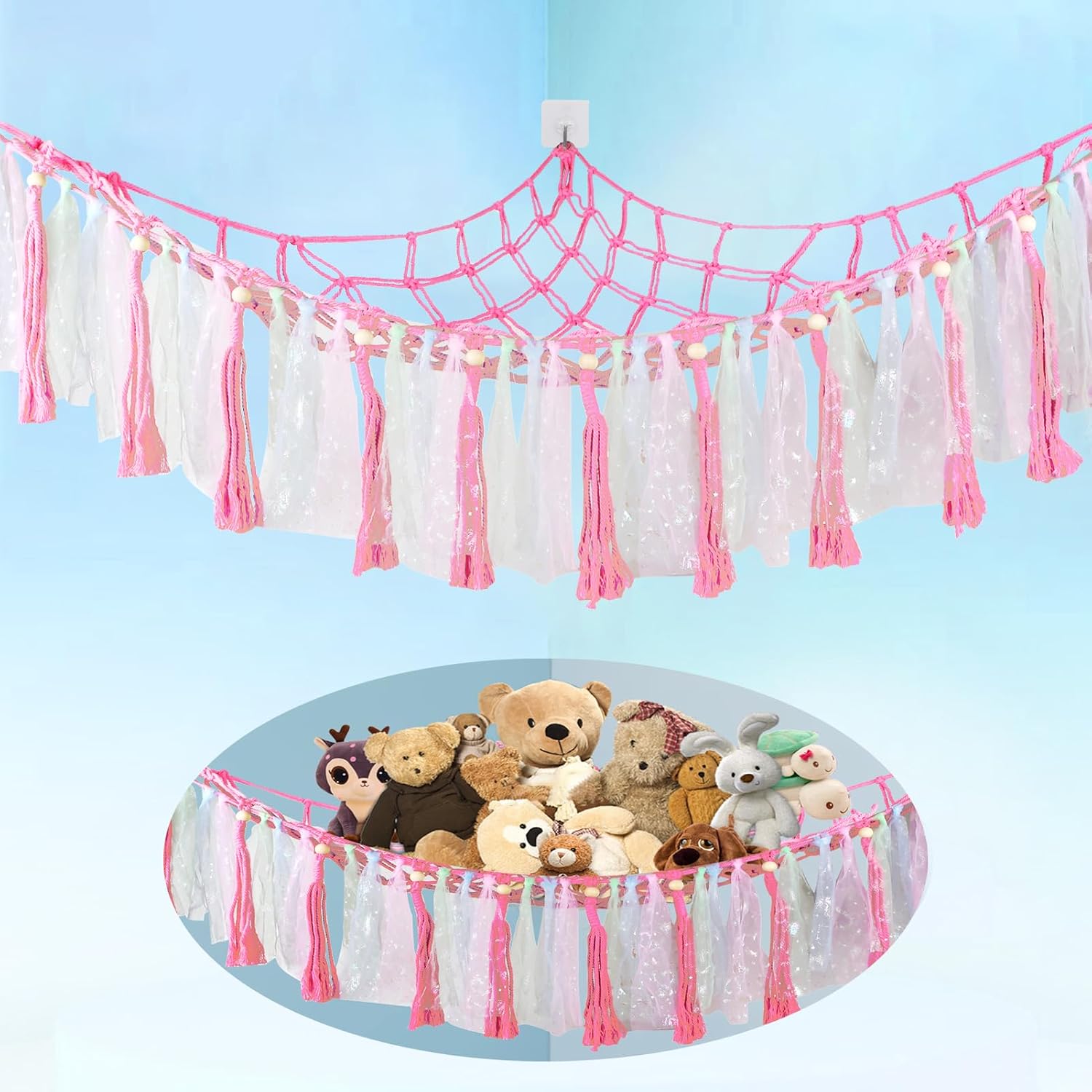 DINGET Stuffed Animal Net - Stuffed Animal Hammock with LED Light Stuffed Animals Storage Organizer Holder Room Dcor with Tassel & Hooks for Nursery Playroom Bedroom Kids Room