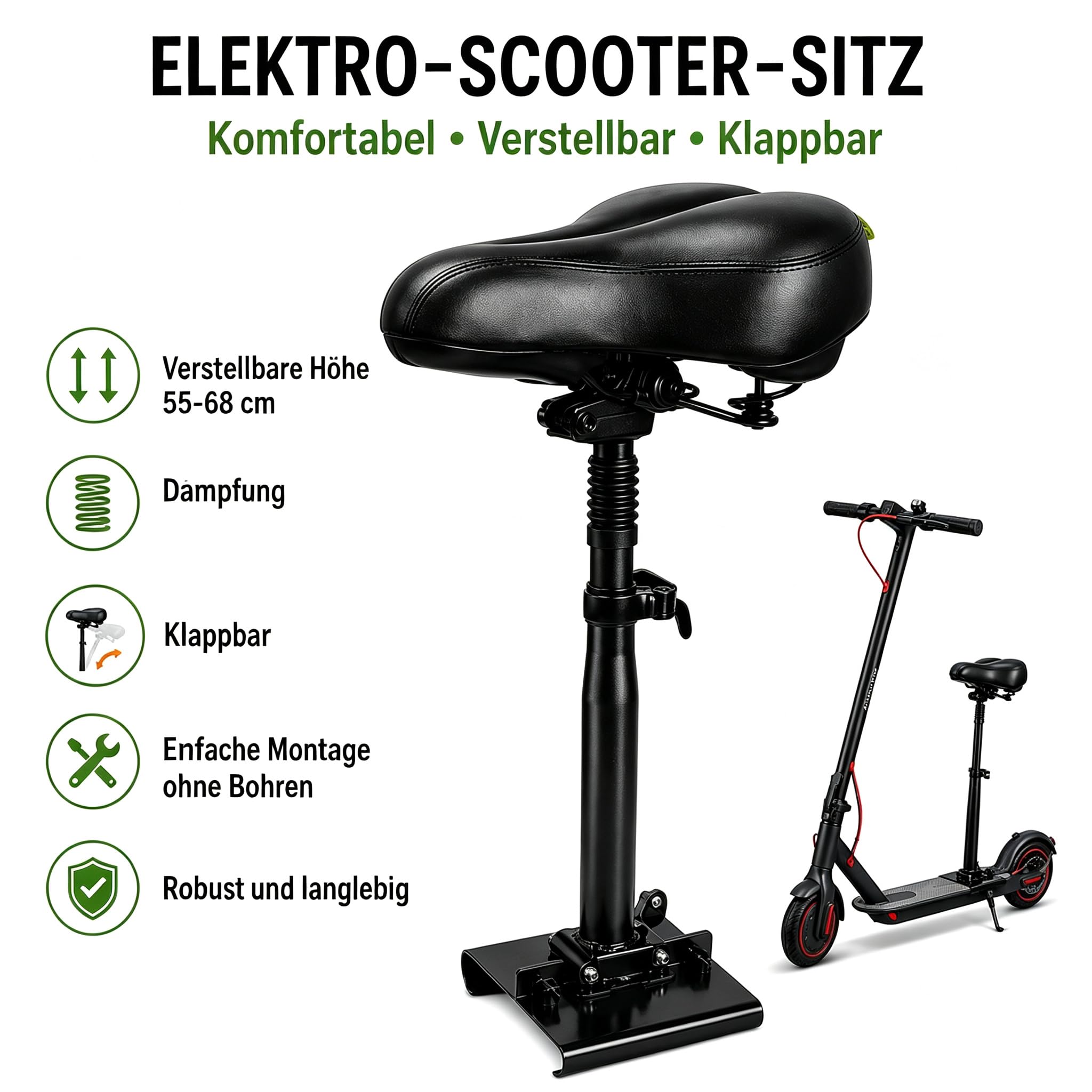 Asiento de scooter eléctrico solo compatible con estribo curvado de 13 – 18 cm de ancho, sillín acolchado, plegable, resistente a los golpes, altura ajustable de 55 – 68 cm, patinete para adultos e