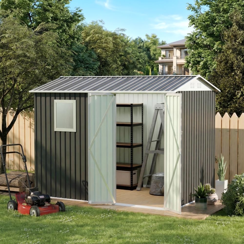 Photo 1 of 9x6 FT Metal Garden Shed with 1 Window for Outdoor Patio Hinged Door Storage Shed Grey