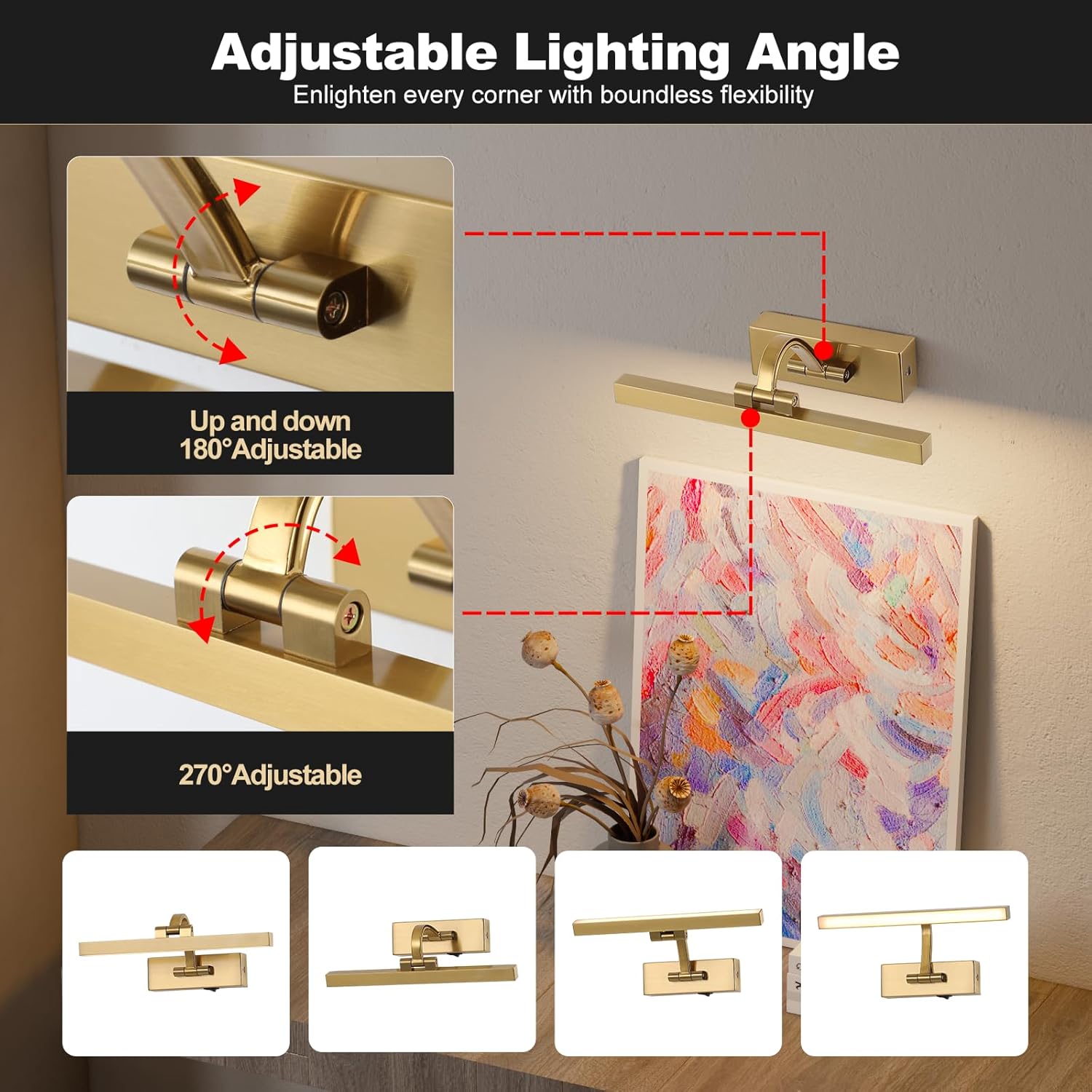 Picture Light with Remote 3 Colors Wireless Art Lights for Paintings,Rotatable Wall Sconce Rechargeable Battery Powered Painting Light,Dimmable Light Over Picture Frame for Gallery,Brass
