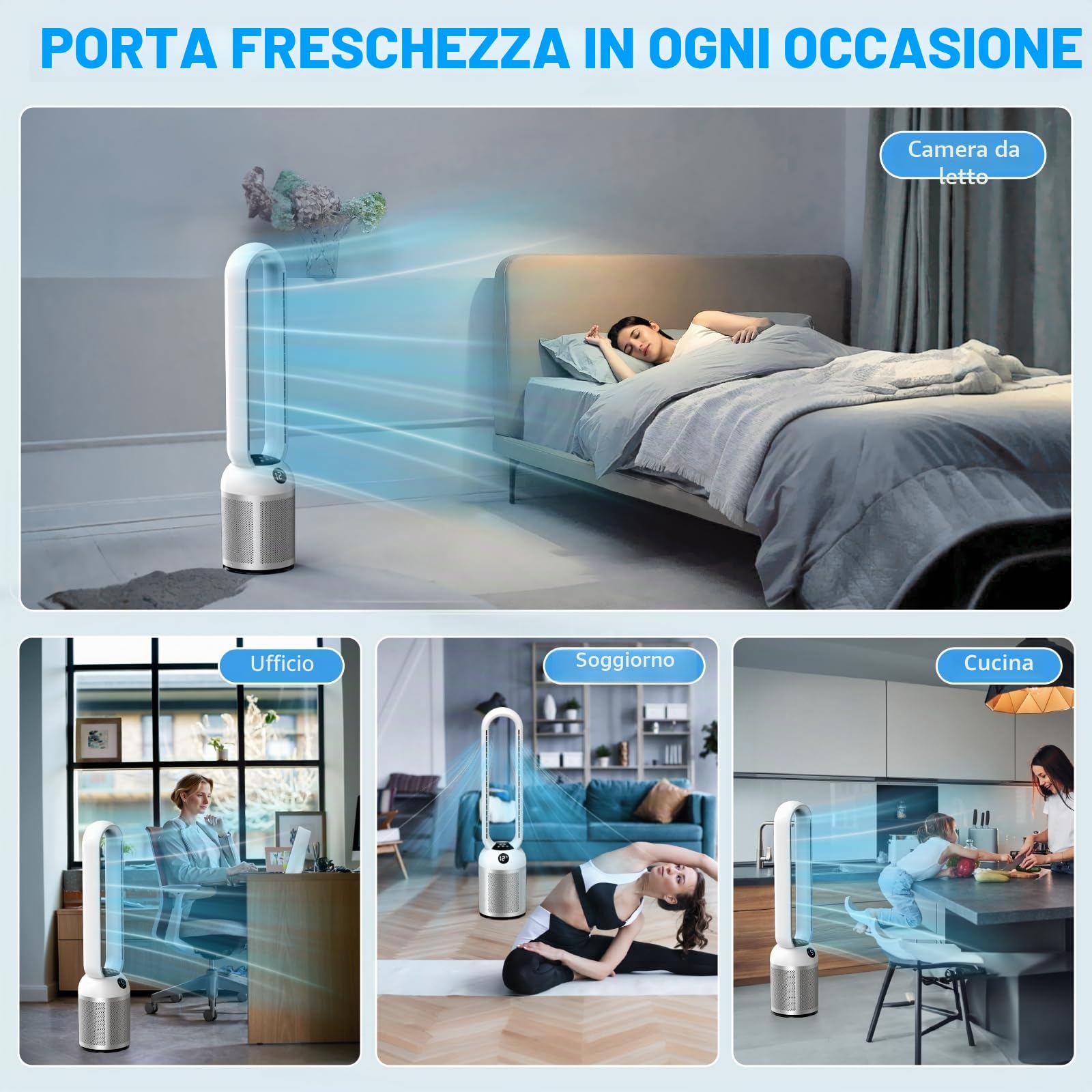 Ventilatore a Torre silenzioso, 24 Velocità, Oscillazione a 90°, Display a LED, Timer 12 Ore, Ideale per Camera da Letto, Ufficio, Soggiorno e Cucina (Argento)