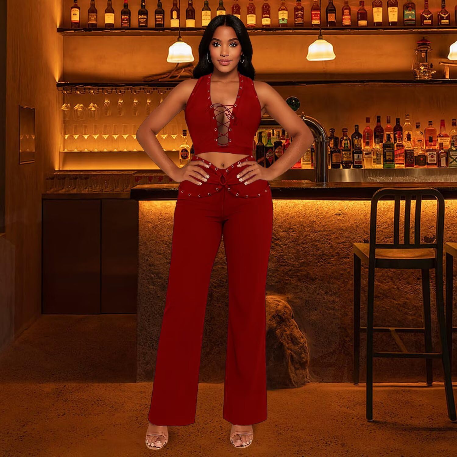 WXN Two Piece Sets for Women Dressy Sexy Halter Sleeveless Lace up Crop Top Pants Set Party Club Outfits - Image 6