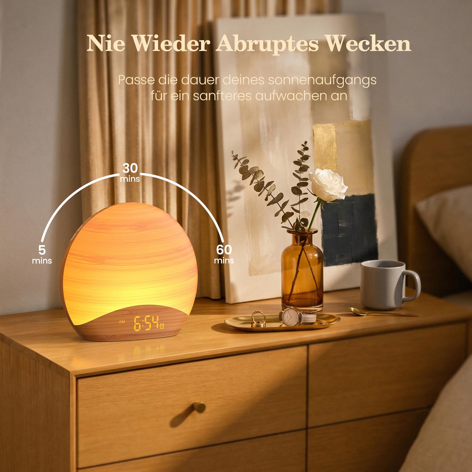 REACHER Lichtwecker Sonnenaufgang, Dimmbare Uhr, 26 Beruhigender Klängen, Nachttischlampe Holz für Schlafzimmer