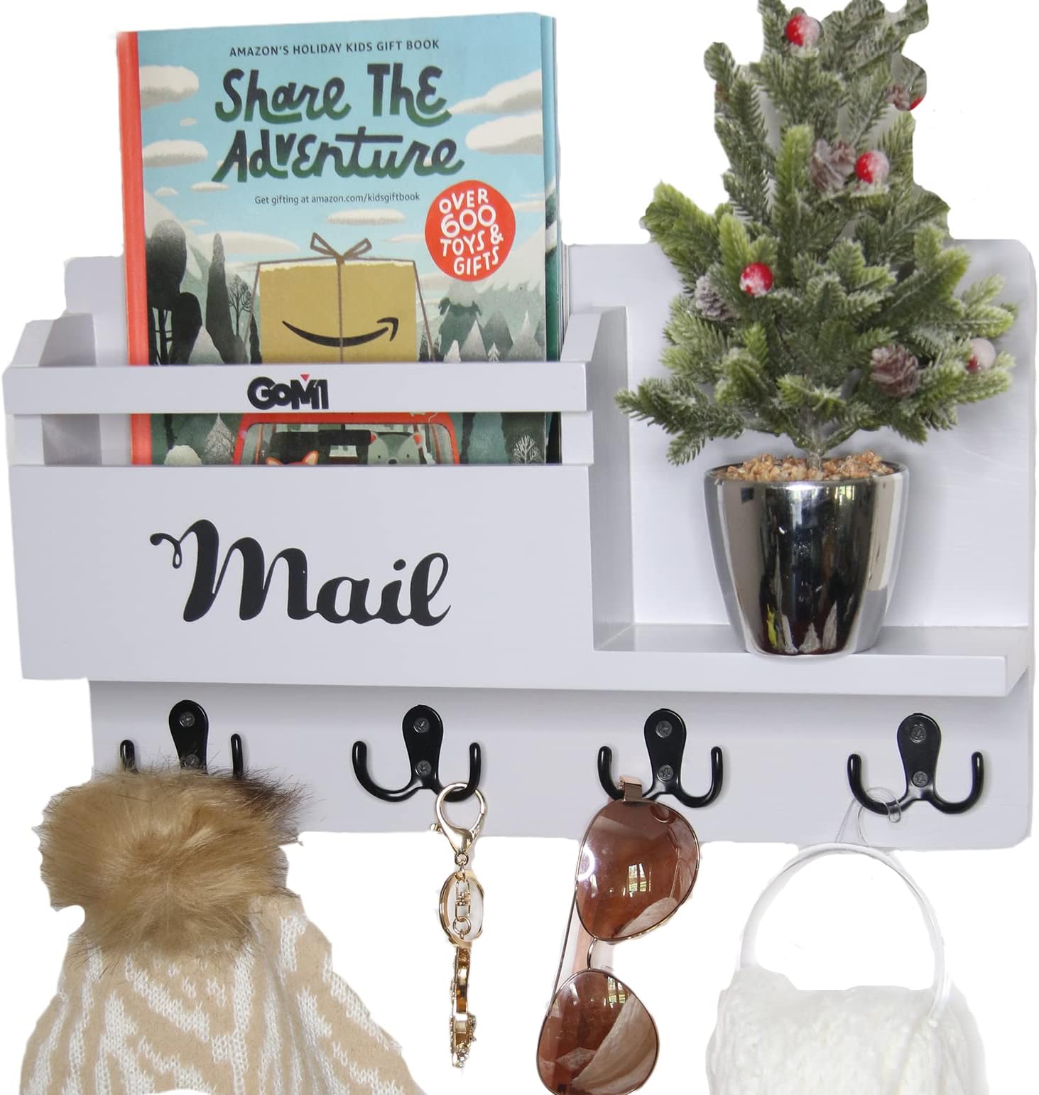 Mail Holder Wall Mount - Mail Organizer with Hooks - Made with Pine Wood - Rustic Wood Key Holder for Home Décor-Light Gray,-15.75''W x 9.5''H x 3''D