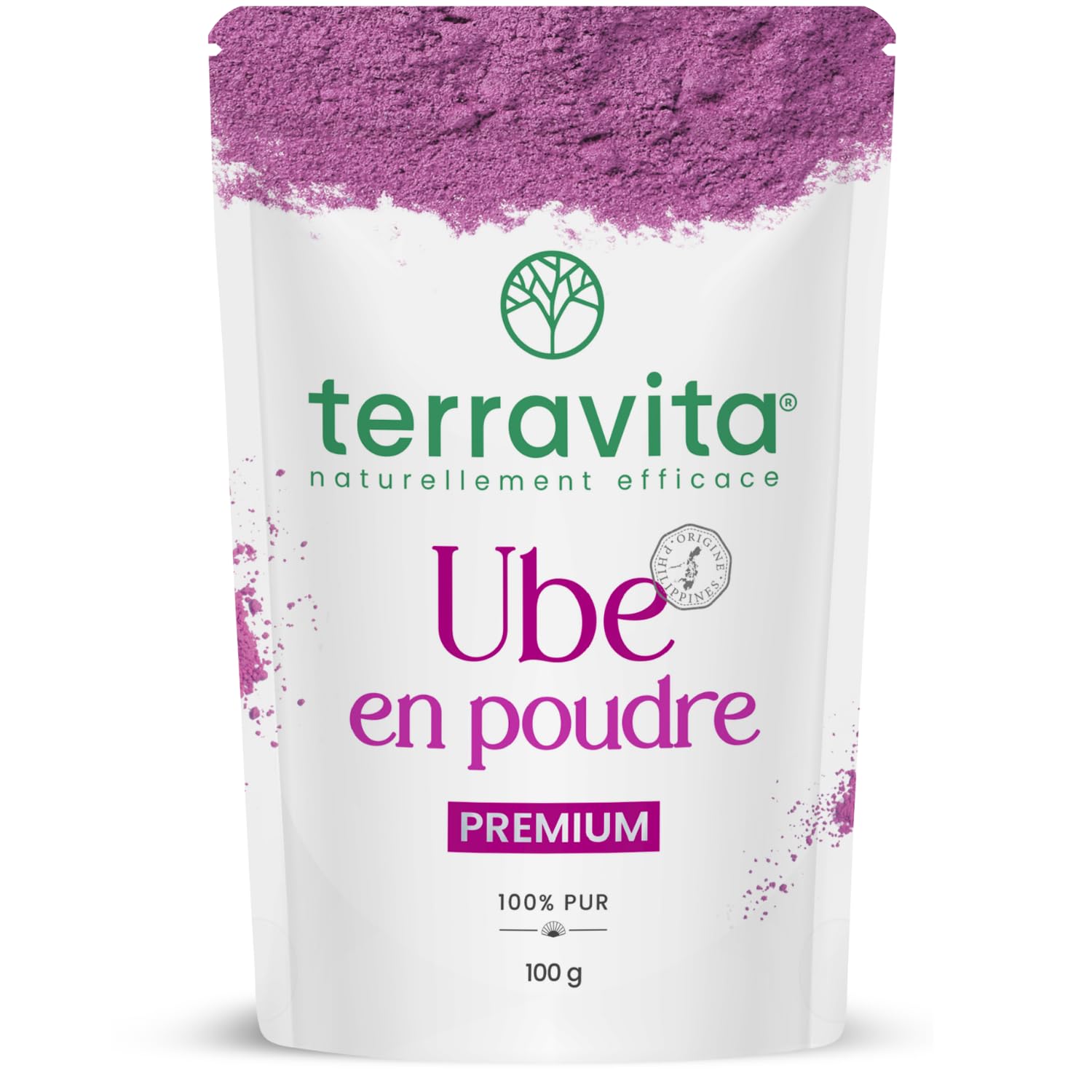 Ube en Poudre 100g | Grade Premium | Saveur Douce | 100% Igname Violette Philippines | Ube Latte, Smoothie, Bubble Tea & Desserts | Antioxydant | Pureté Exceptionnelle | Sachet Refermable | Terravita