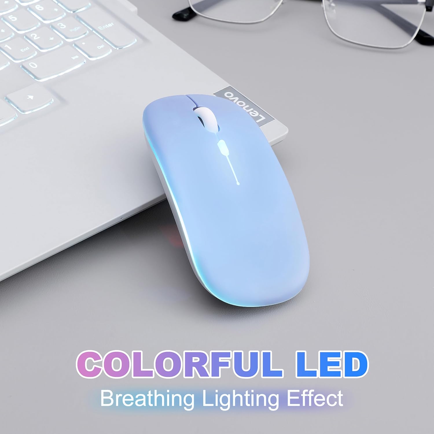 Wireless Bluetooth Mouse Rechargeable Long Lasting Dual Mode - BT 5.2 & 2.4G Silent RGB LED Mice, Slim Portable Ergonomic Mouse for Laptop/PC/Tablet/MacBook/iPad/Apple Devices(Blue) - 2