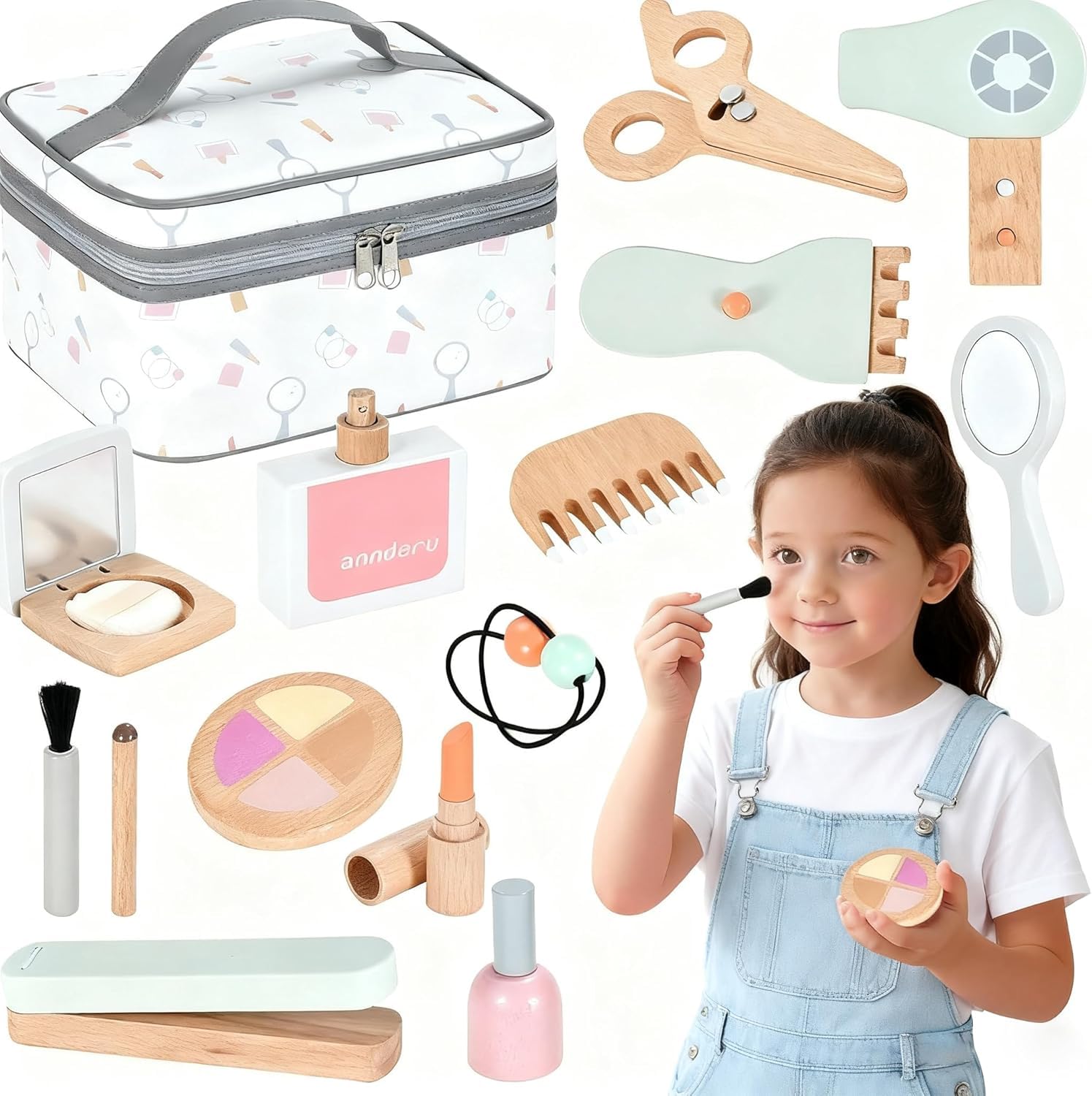 Gerbala Faux Maquillage Enfant Fille en Bois, Kit Beauté Bois, Malette Faux Maquillage, Accessoires Coiffeuse Fille, Coffre à Jouets Coiffure, Cadeau d'anniversaire de Noël pour 3 4 5 6 7 8 Filles